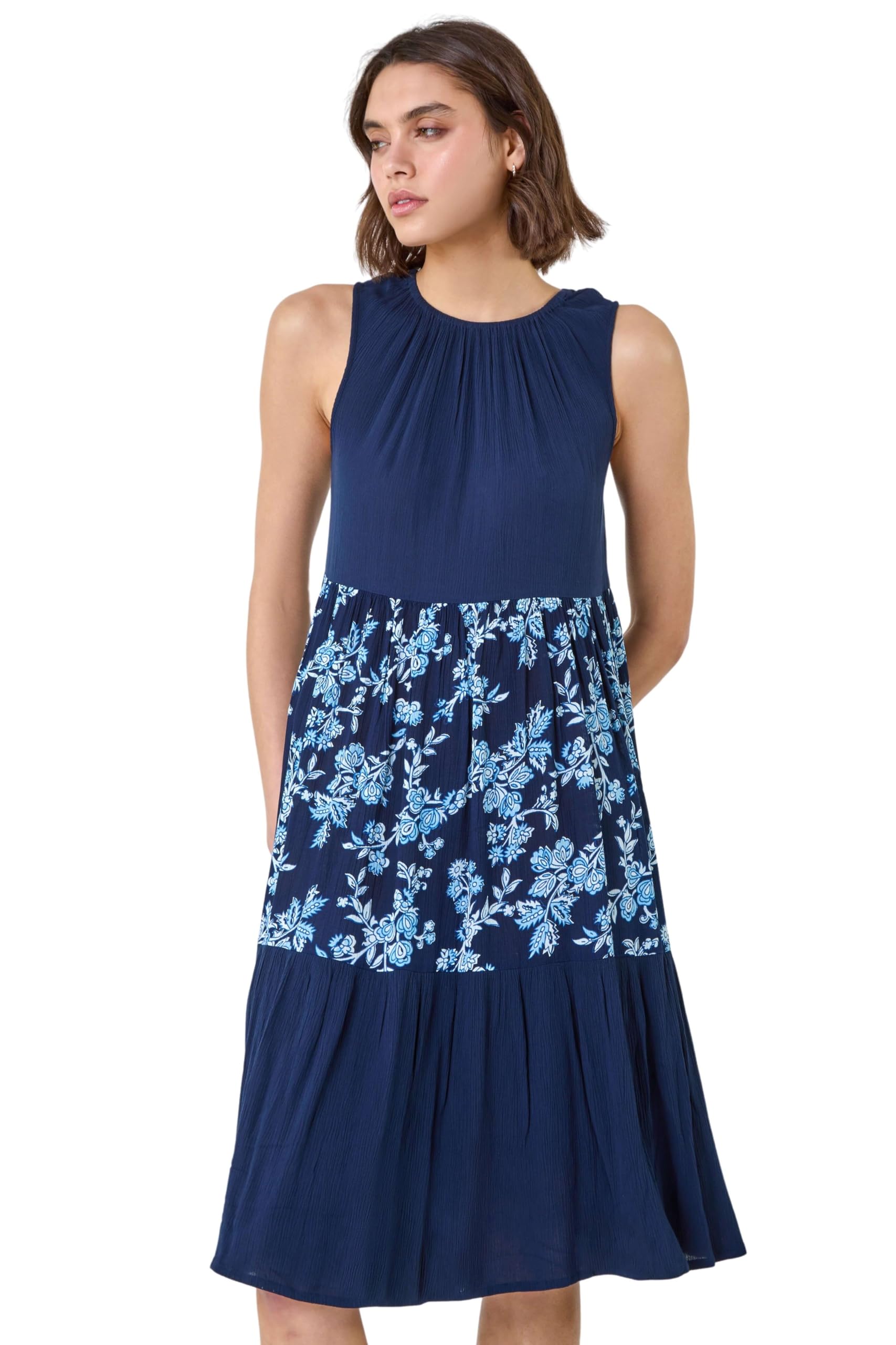 Roman Originals Women's Navy Roman Aztec Panel Midi Smock Dress For Uk - Spring Everyday Summer Holiday Round Neckline Comfy Sleeveless Soft Daywear Frock Vacation Beach Gowns - Size 16