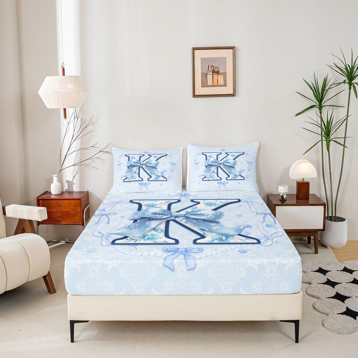 Erosebridal Blue Coquette Bow Fitted Sheet Full Size Coquette Bowknots Fitted Sheet for Girls Kids Teens Fantasy Aesthetic Preppy Bed Set Initial K Bow Gifts for Her/Mom/Daughter(K)