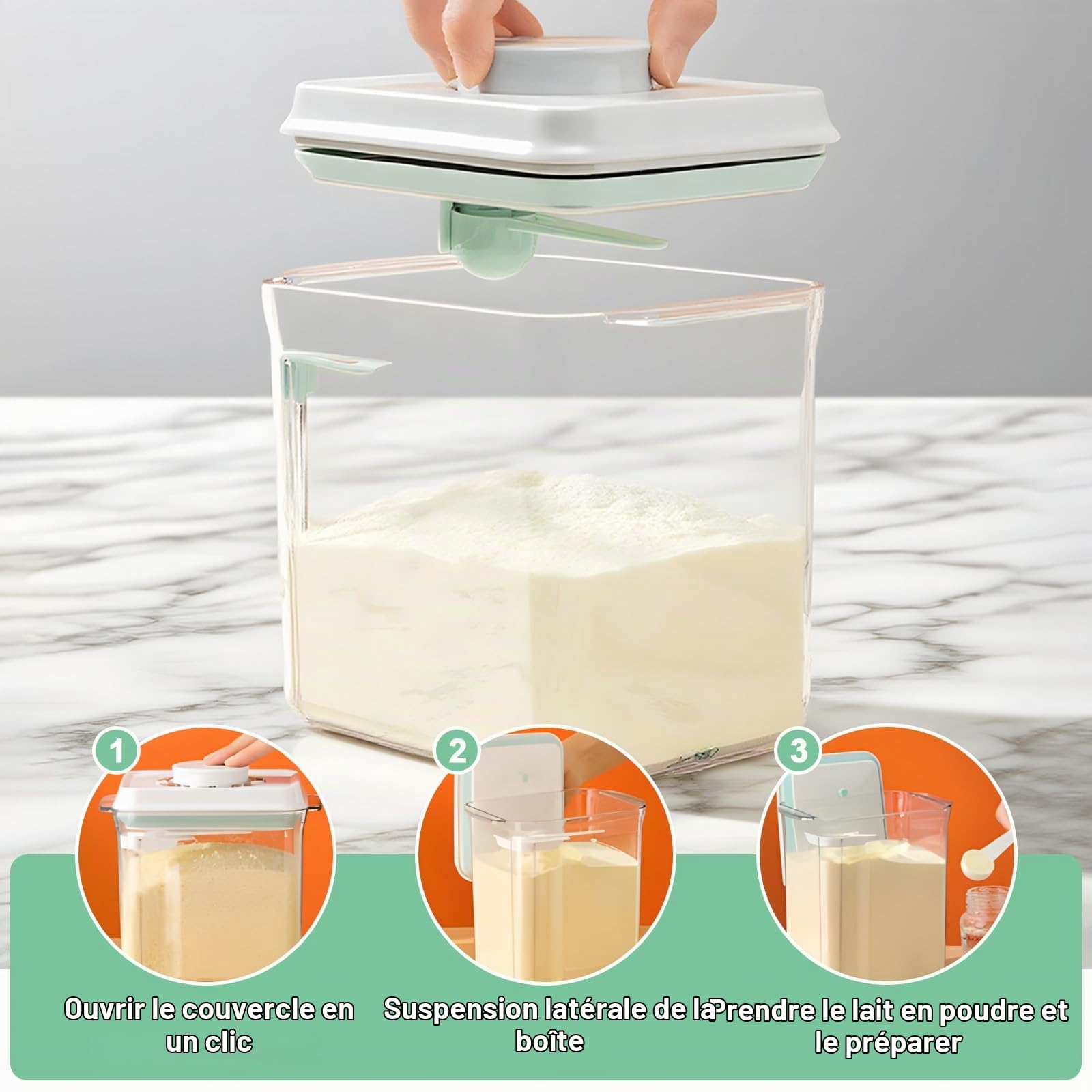 1700ml Distributeur Lait en Poudre Bebe avec Grattoir & Cuillère Doseuse, Boite Alimentaire Résistant Humidité et Étanche, Conteneur BPA-Free & Lavable Lave-Vaisselle pour Café, Céréales et Farine