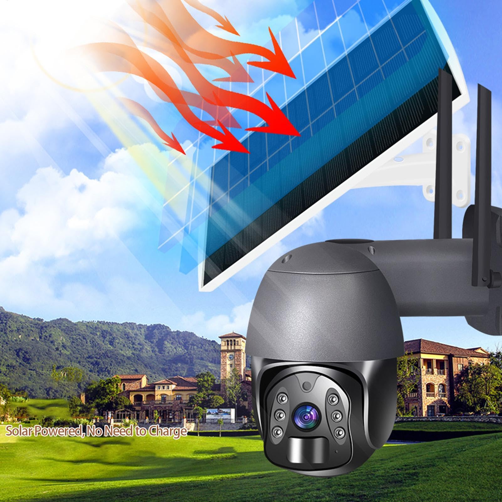 Cámara al Aire Wireless Solar, con energía Solar al Aire WiFi inalámbrico | Night Vision Voice PIR Alarm Alarm Monitor para video de varias personas
