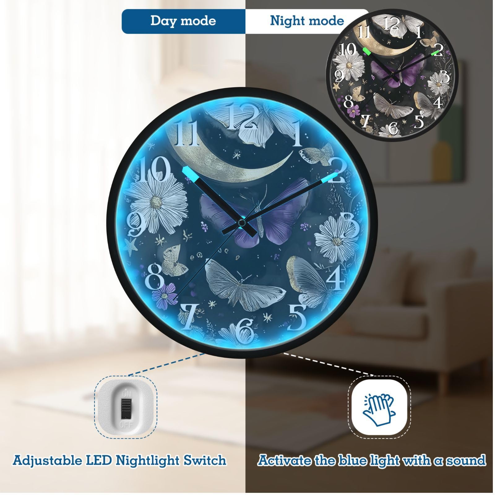 Mnsruu Reloj de pared luminoso con diseño de mariposa y luna, color morado, funciona con pilas, silencioso, brilla en la oscuridad, para sala de estar, cocina, 12 pulgadas
