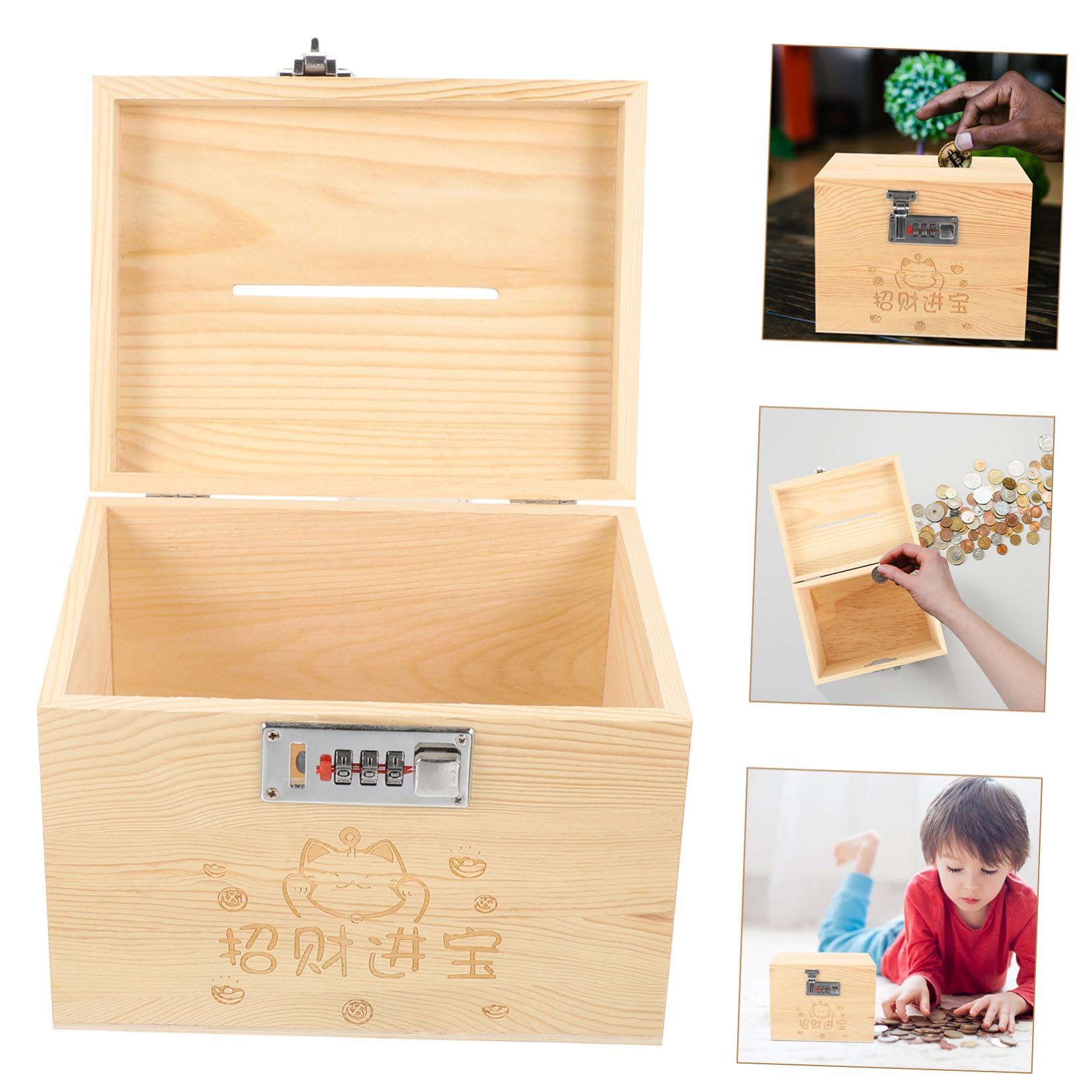 Caja Fuerte de Madera Maciza con Cerradura Codificada Hucha Decorativa para Escritorio Caja de Ahorro Grande para Billetes y Monedas Estilo Organizador Práctico para Adultos