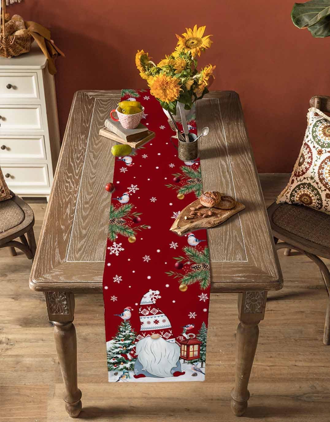 Christmas Gnomes Table Runner 120 Inches Long, Farmhouse Birds Xmas Tree Dress Scarves, Pine Cones Winter Snowflake Red Dining Tablerunner for Coffee Table/Kitchen Island/Party Décor, 13"x120"