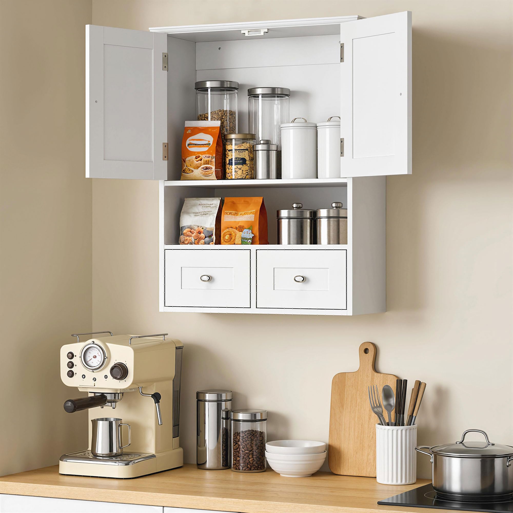 kleankin Armadietto Pensile Bagno a 2 Ante con Ripiano Aperto e 2 Cassetti, Mobiletto Multiuso per Cucina, Ingresso e Soggiorno, Bianco