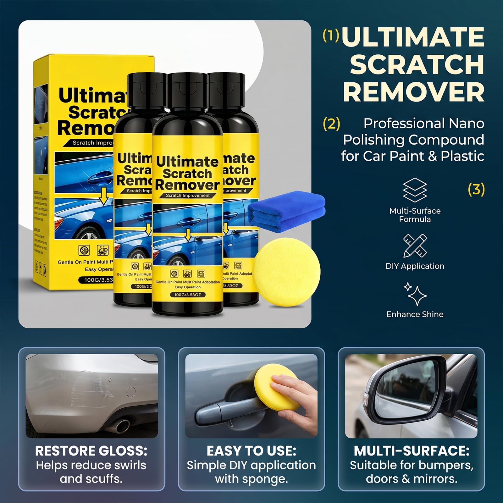 Nano Scratch Remover Car Scratch Paste, Ultimate Scratch Remover Paste for Light Scuffs, Swirl Marks and Glossy Paint Care (1ps)