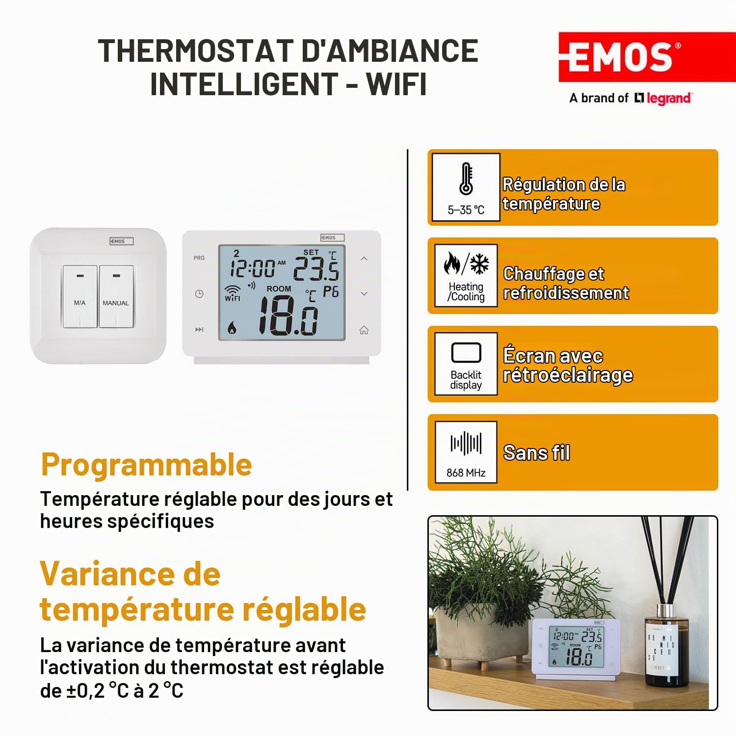 EMOS GoSmart - Thermostat d'ambiance Smart Home avec Application - WiFi - Thermostat IP pour Chauffage/climatisation - économie d'énergie - Compatible avec Tuya, Google Assistant et Alexa - sans Fil
