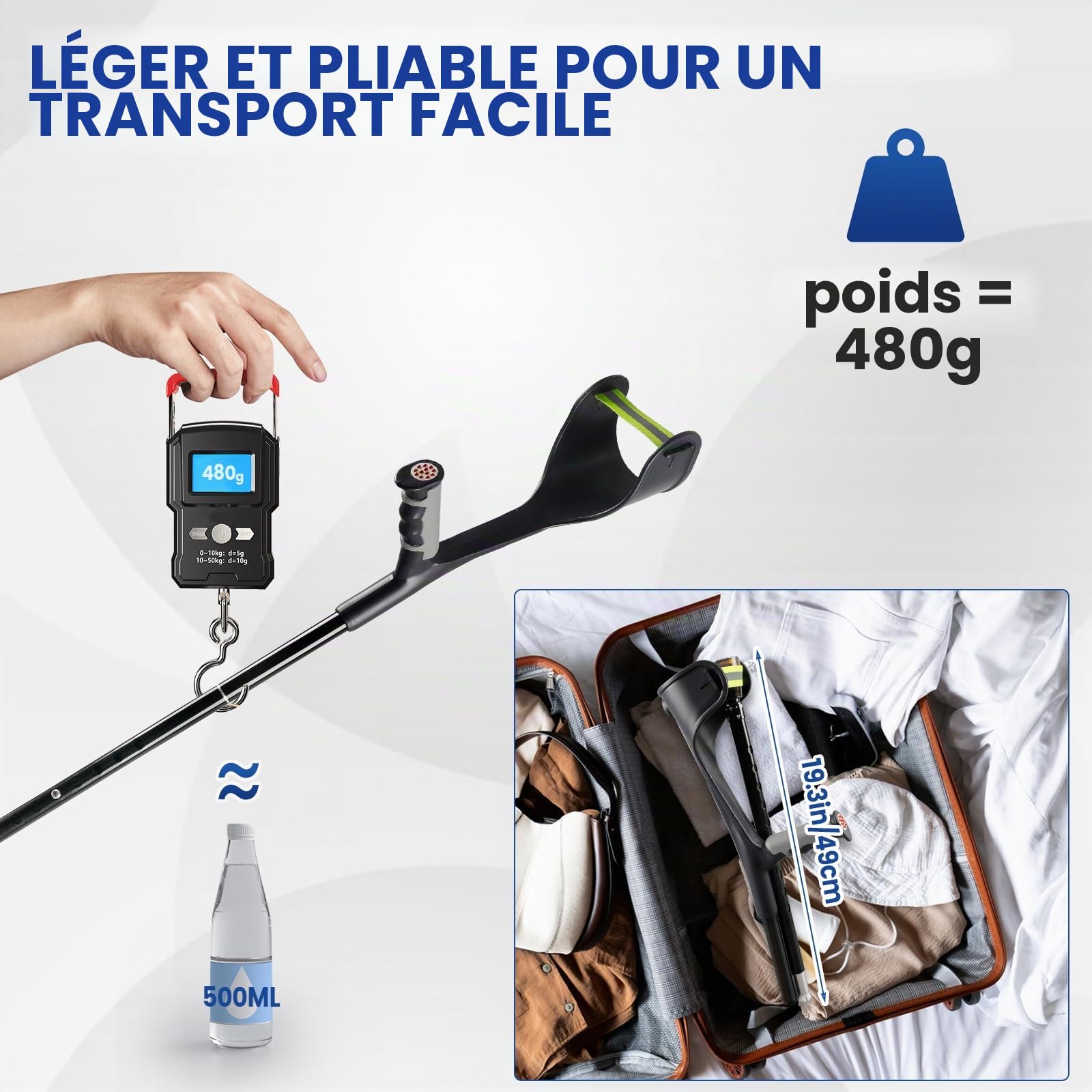 1 paire de béquilles pliantes en alliage d'aluminium, légères et réglables en hauteur, aide à la marche pour adultes, béquille pliable pour avant-bras