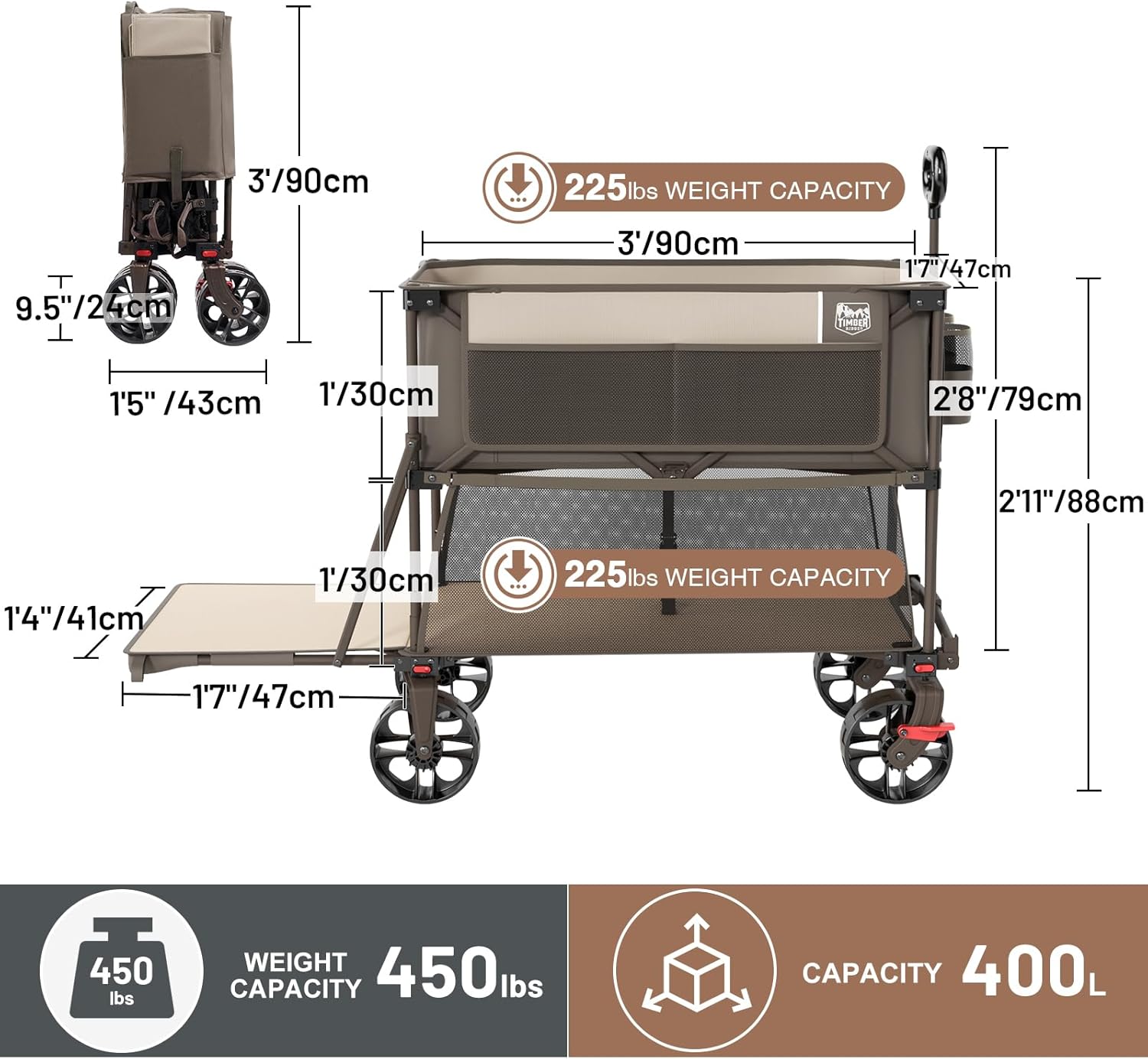 TIMBER RIDGE 400L Large Capacity Folding Double Decker Wagon with Brakes, 54 Extra Long Extender Wagon Cart, 450lbs Heavy Duty Collapsible Cart, All-Terrain Big Wheels for Camping, Sports, Shopping