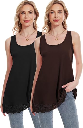 TAIPOVE Long Lace Camisole Tank Tops for Women for Under Clothes Cotton Layering Shirt Extender Sleeveless Tunic 2PKS