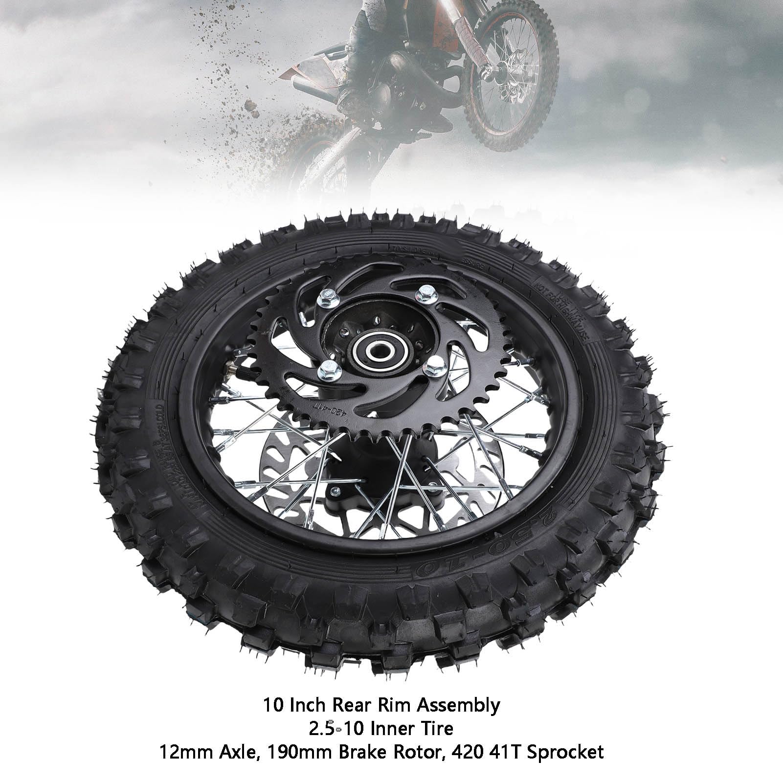 banapoy Opona felgę Tylnego Koła 2,5-10 10" do Motocykla Dirt Pit Bike o Pojemności 50 Ml - 110 Ml, zespół Felgi 2,5-10 z osią 12 Mm i tarczą hamulcową 190 Mm Oraz zębatką 420 41T