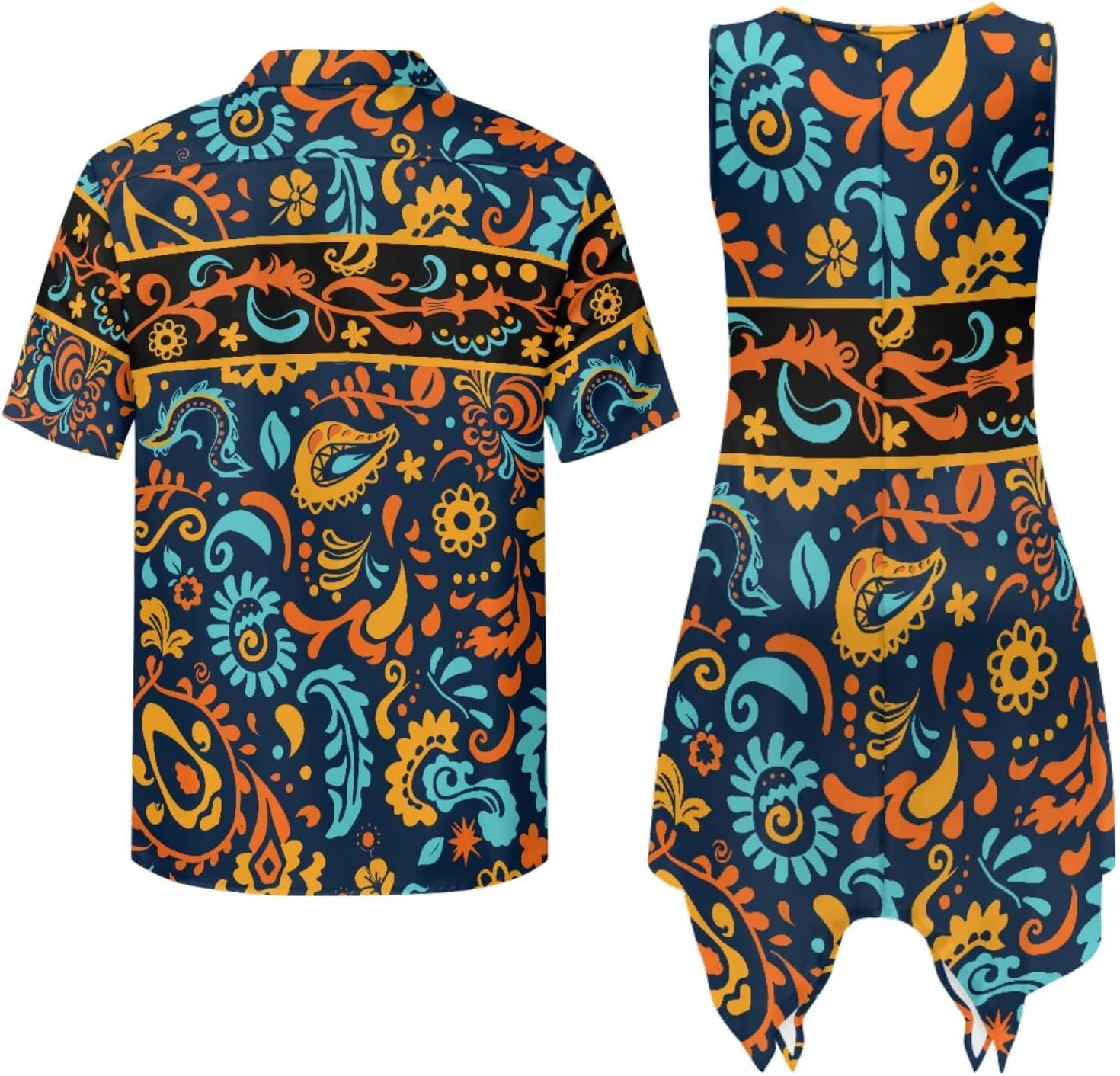 TOADDITDO Matching Hawaiian Couple Outfit Mens Button Down Aloha Shirts Womens Sundress Sleeveless A Line Flowy Tank Dress