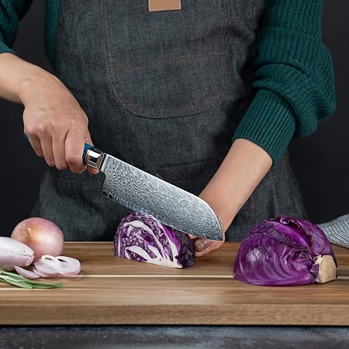 Miniatura 3 de SENKEN - Cuchillo Santoku de acero Damasco, colección Tsunami, núcleo de acero japonés VG10 de 67 capas, resina azul única y mango de madera