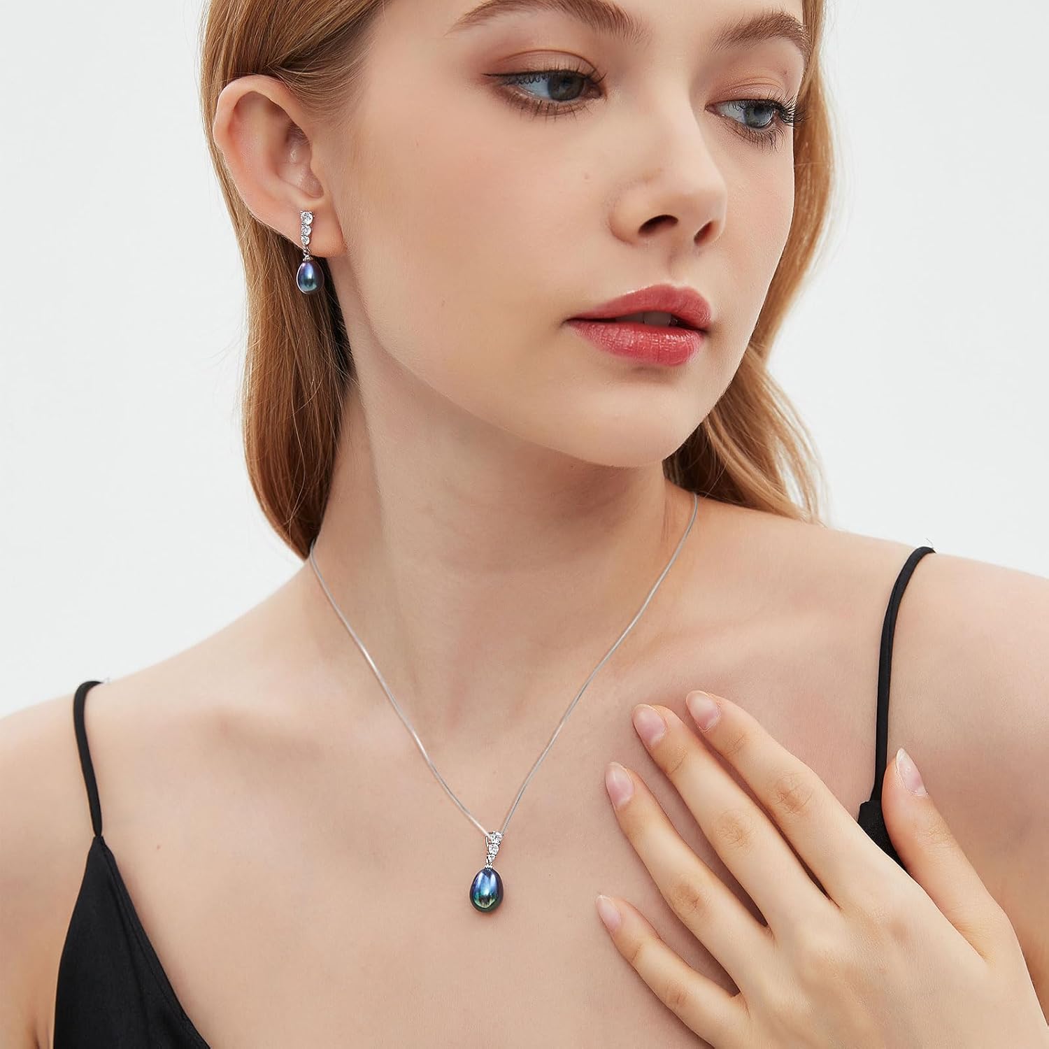 Pearl Drop Necklace, Freshwater/Saltwater Cultured Pearl 9-10MM, 925 Sterling Silver, Adjustable Chain 18+2", Three CZ, Elegant Birthday & Anniversary Jewelry Gifts for Women/Wife