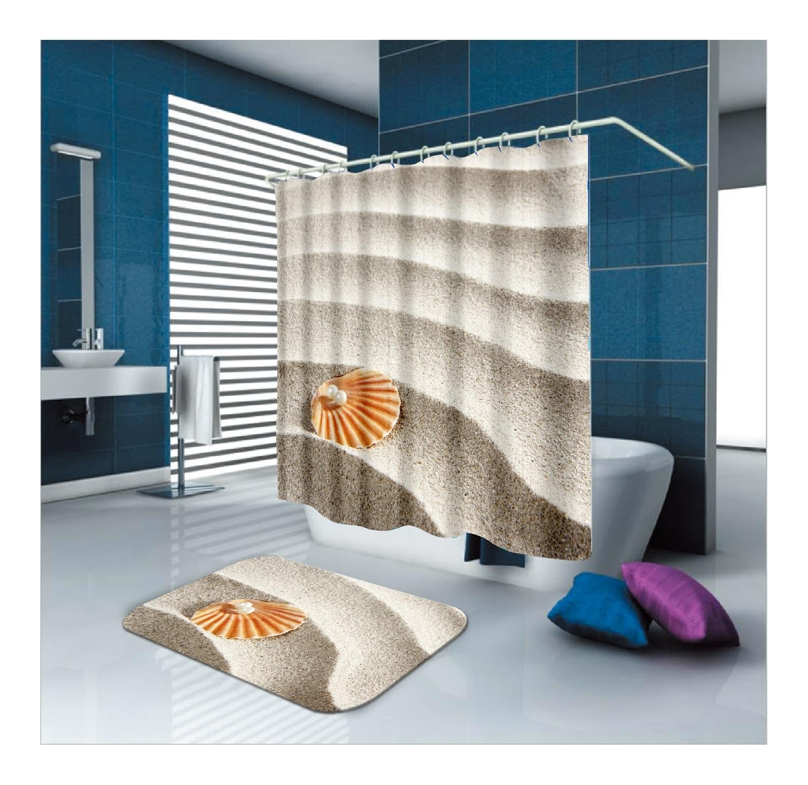 Rideau de douche - 180 x 180 cm - En textile blanc - Motif perle - Imperméable - Anti-moisissure - Lavable - 1,8 x 1,8 m (l x h) - Avec anneaux de rideau de douche