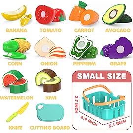 Cutting Play Food Toys For Kids, Pretend Play Kitchen Accessories, Fake Fruits/Vegetables Set With Shopping Storage Basket, Plastic Board And Knife, Birthday Gifts/Educational Toy For Toddler Children