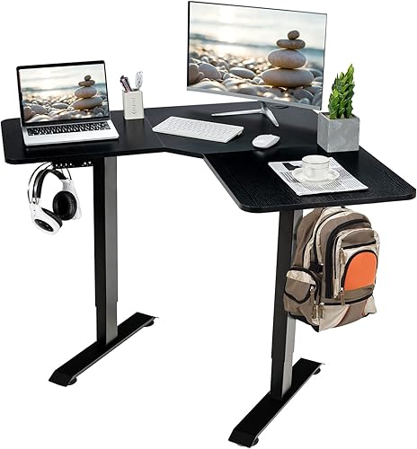 Tangkula Escritorio eléctrico de pie en forma de L, escritorio de pie de esquina de 59.5 pulgadas con 4 posiciones de memoria y pantalla LCD,