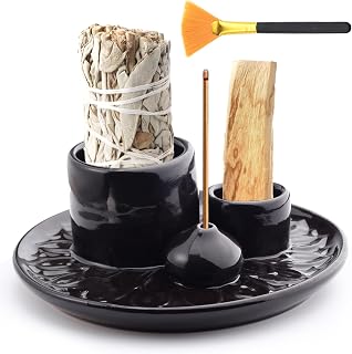 4 in 1 Black Ceramic Incense Holder, Multifunctional Palo Santo Holder with Ash Catcher Tray, Sage Burner Stand for Burning Candle Meditation Room Home Zen Decor