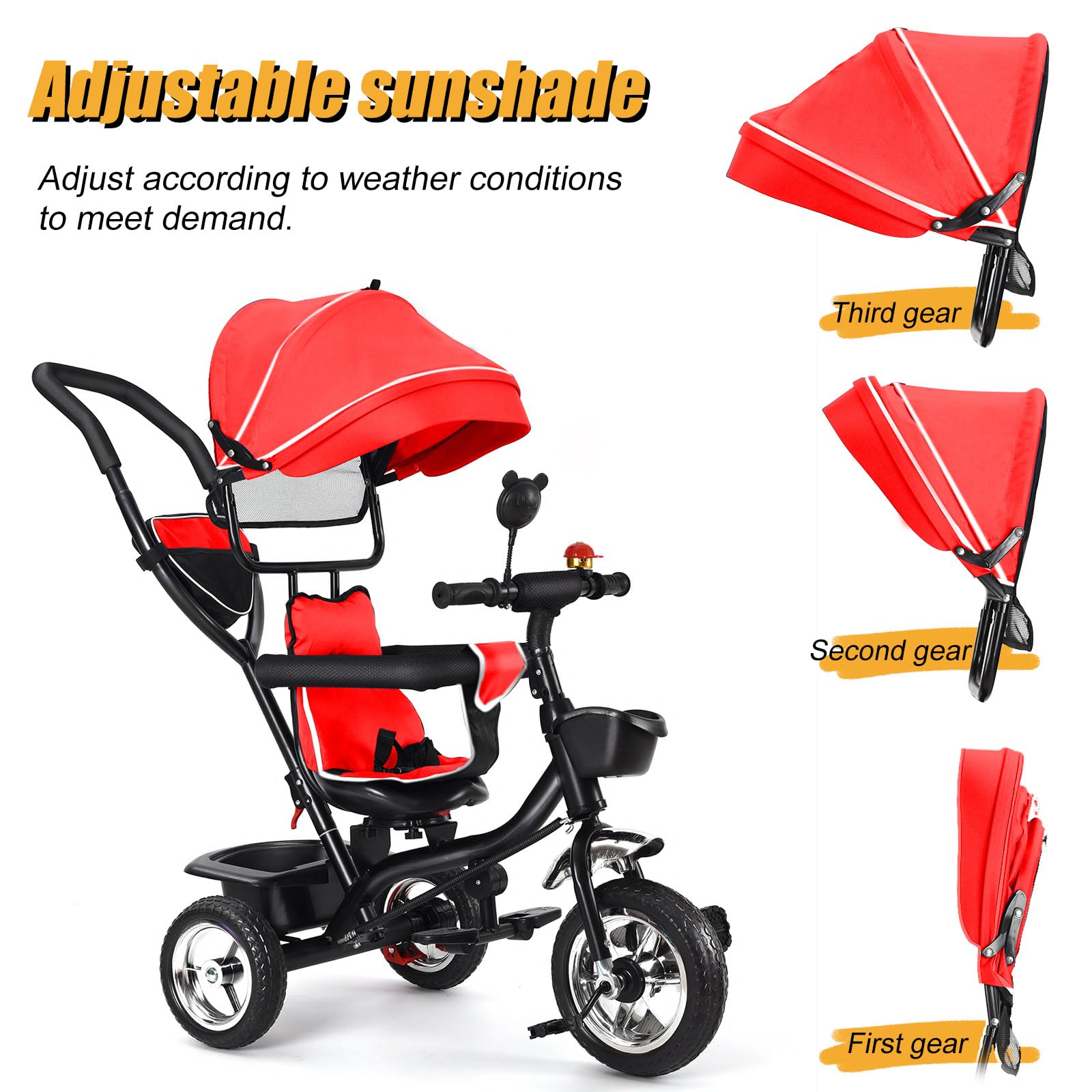 Tricycle avec Barre de poussée, pour Enfant dès 1 an, avec Barre coulissante, auvent, Repose-Pieds Amovible et siège réversible, pneus en Caoutchouc Anti-éclatement 4 en 1