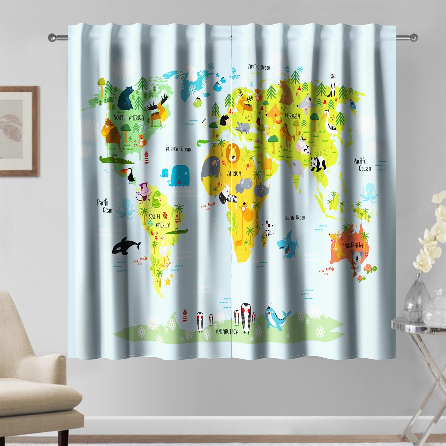 Kzzfqxb Cortinas con diseño de mapas de 132x214cm 2 Paneles, con diseño de Animales del Mapa del Mundo, Decoración Infantil para Dormitorio niños niñas Adolescentes guardería Sala de Estudio