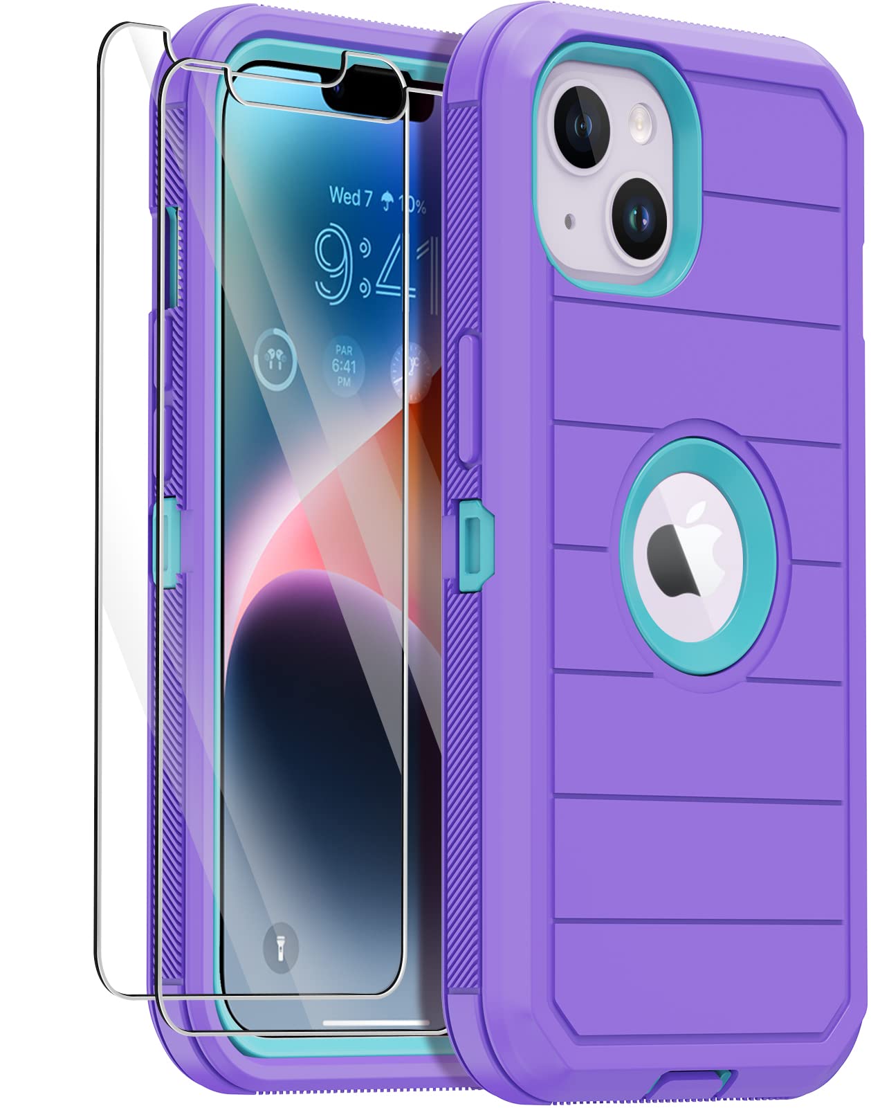 Annymall for iPhone 14 Case with 2 Screen Protector,Full Body Shockproof Drop Protection Dust Proof Heavy Duty 3-Layer Rugged Durable Military Grade Cover for Apple iPhone 14 6.1" (Purple/light green)
