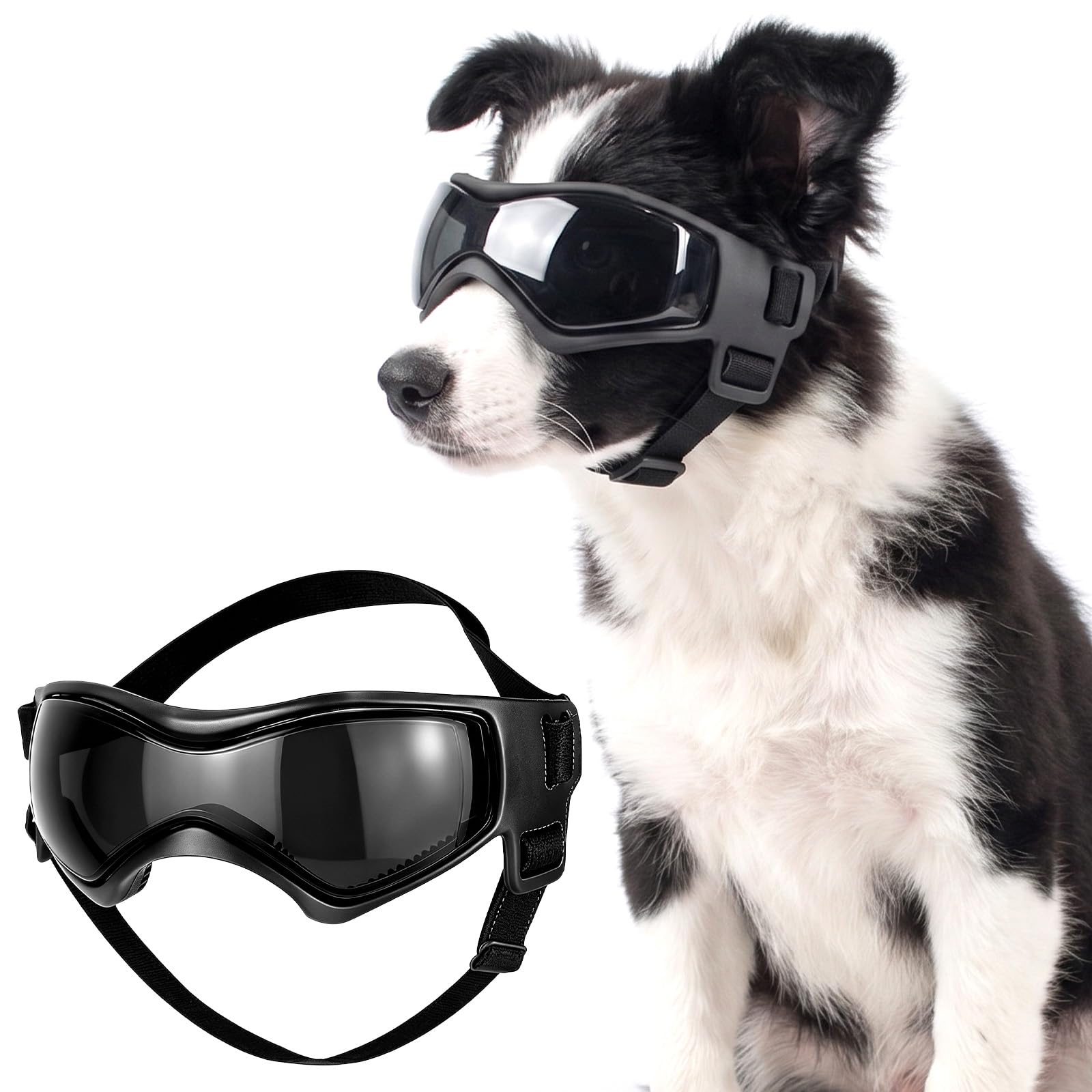 Gkhlg 1 Piece Dog Goggles Anti UV Soft Silicone Adjustable Strap for Small Breed Dogs Eye Protection for Driving Hiking Beach Forest Outdoor Activities (Black, M)
