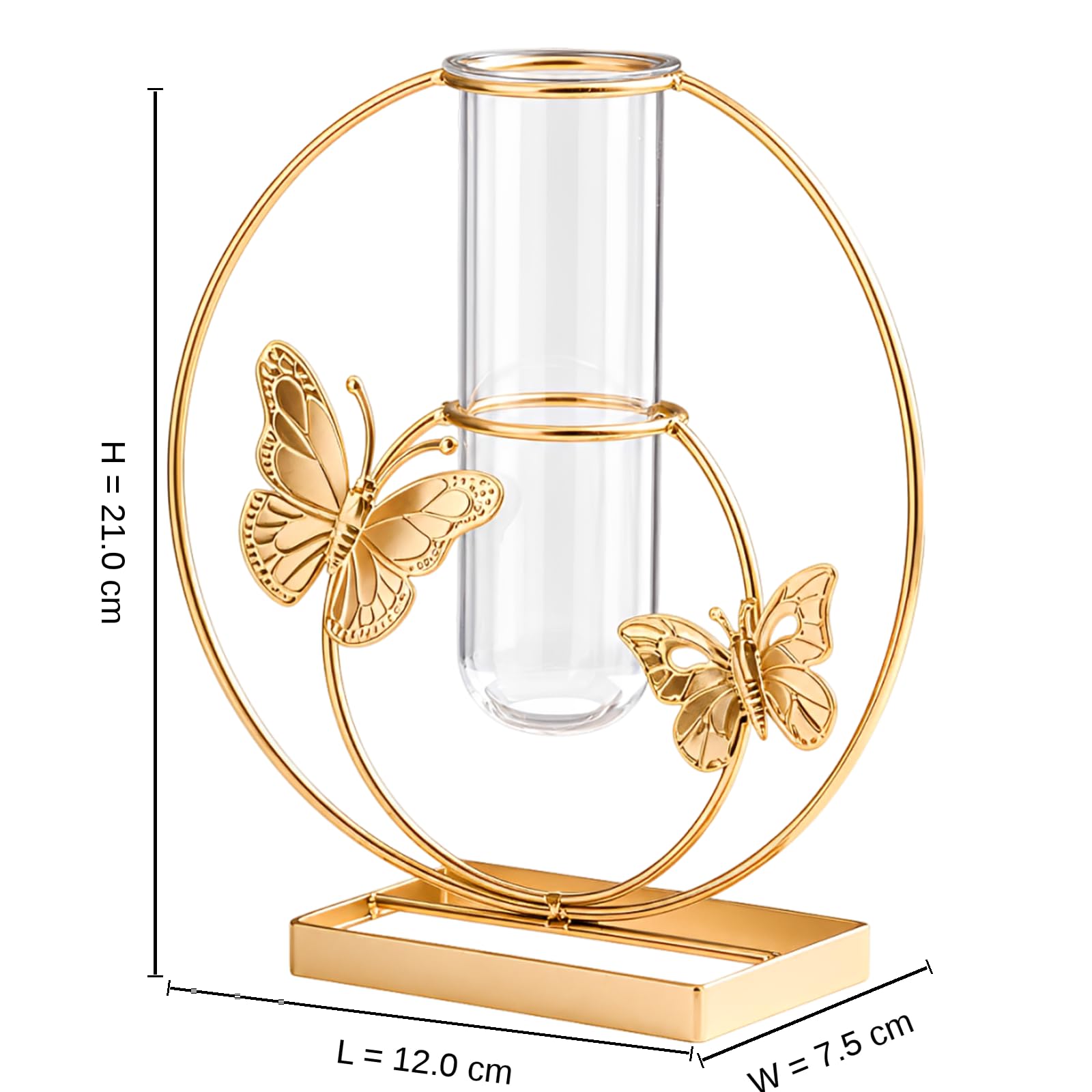 Hydroponischer Blumentopf mit 3D Schmetterlingsmuster, Goldmetall und Klarglas, 20 x 21 cm, Tischvase mit herausnehmbaren Reagenzglas-Einsätzen für Wohnzimmer, Home Office und Hochzeitstafel