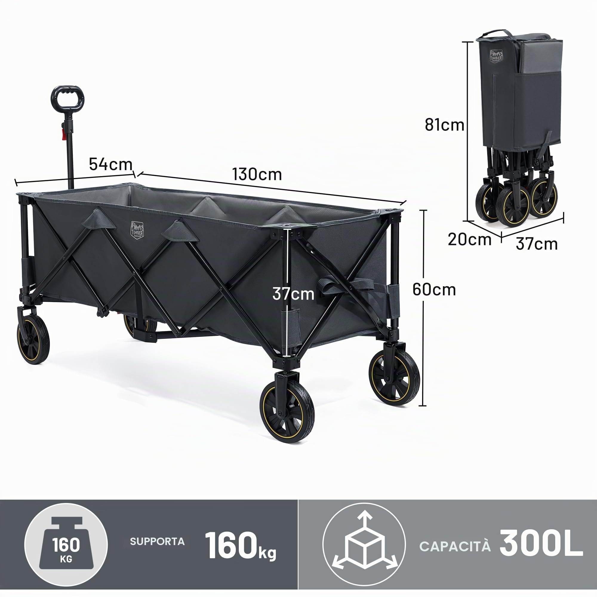 TIMBER RIDGE XXXL Carrello pieghevole 300L 160KG con Freno Reti Anti-Caduta Carrello di Trasporto Tasca Laterale Porta Bevande Maniglia Regolabile Carrello per giardino da spiaggia da campeggio
