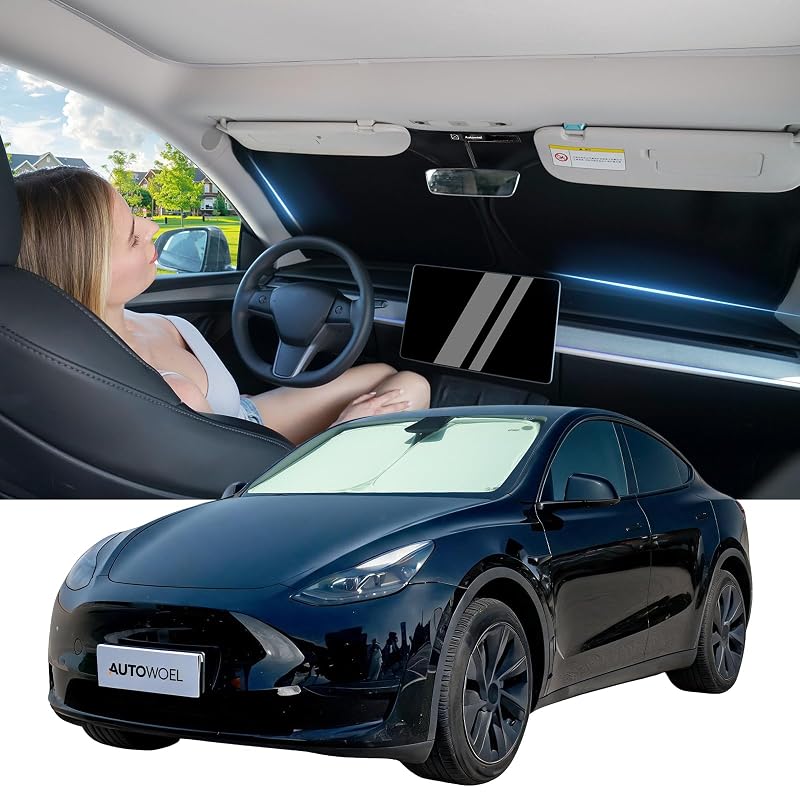 Protetor solar para para-brisa AUTOWOEL para Tesla Model Y/Juniper e Model 3/Highland, bege