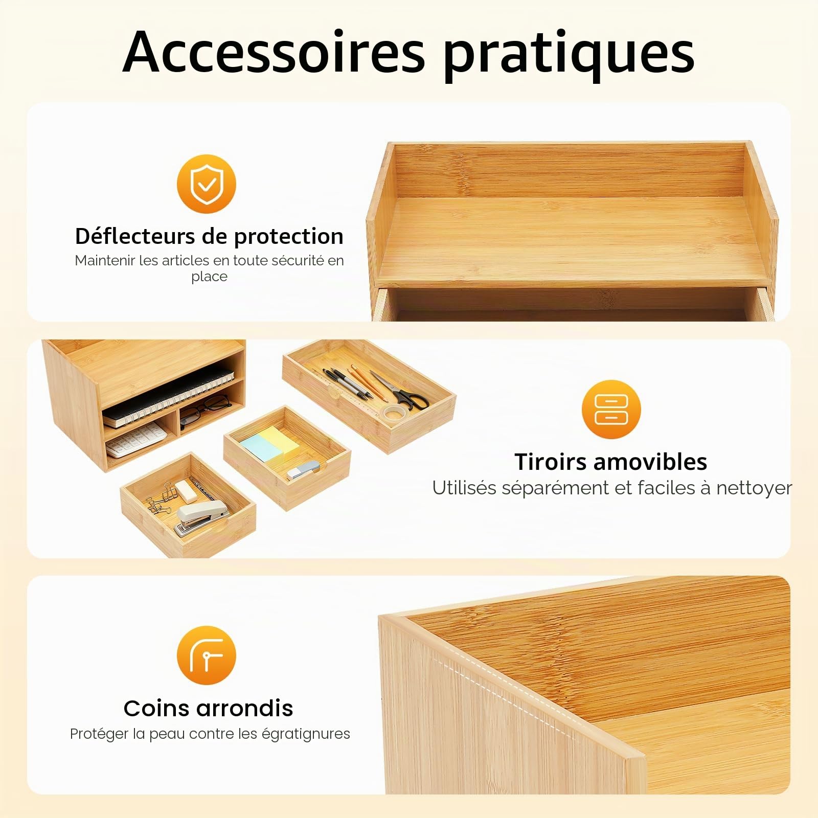 Organisateur de Bureau en Bambou avec 3 Tiroirs, Boîte de Rangement, Naturel, 30 x 19 x 20 cm