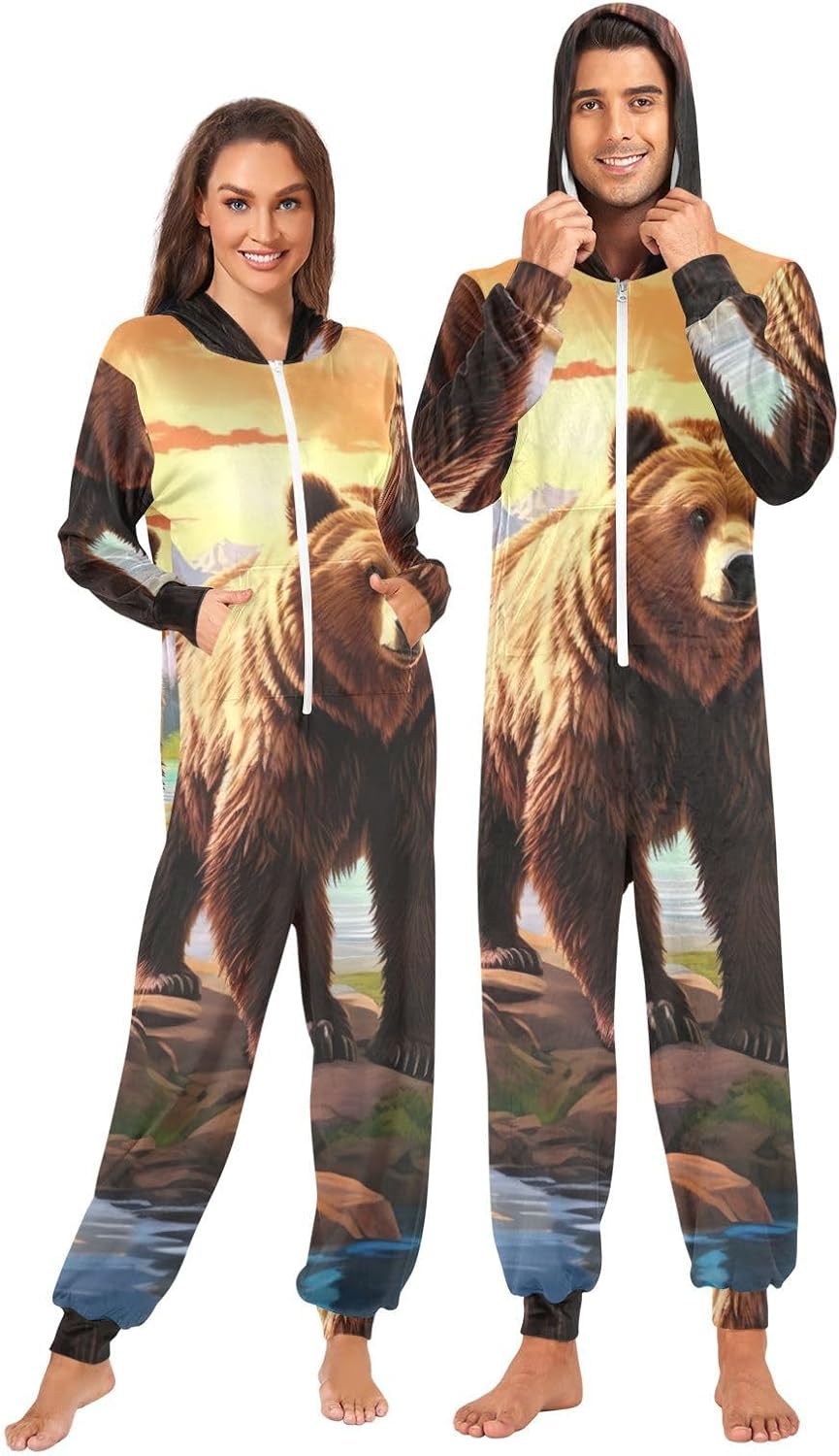 GAIREG Grizzly Bears Landscape One-Piece Christmas Pajamas, Plush Onesie for Mens Womens