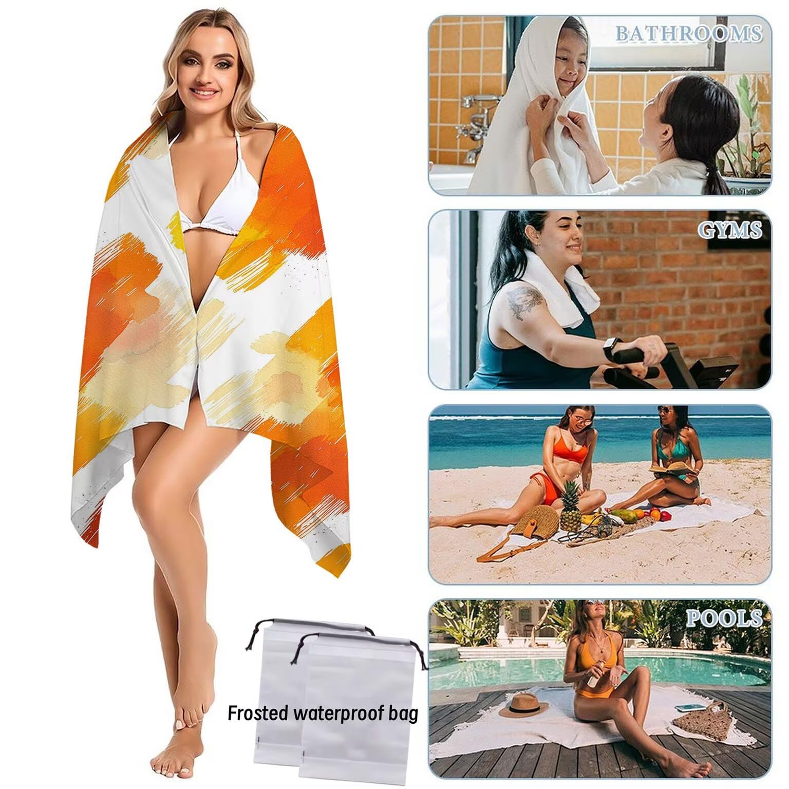 Strandtuch XXL 2er Set 80 x 160 cm, Groß Schnelltrocknendes Mikrofaser Handtuch, Sandfrei Badetuch, Summer Must Haves, für Damen Herren Reise Urlaub Sauna, mit Tasche (Orange Nordeuropa) B-236