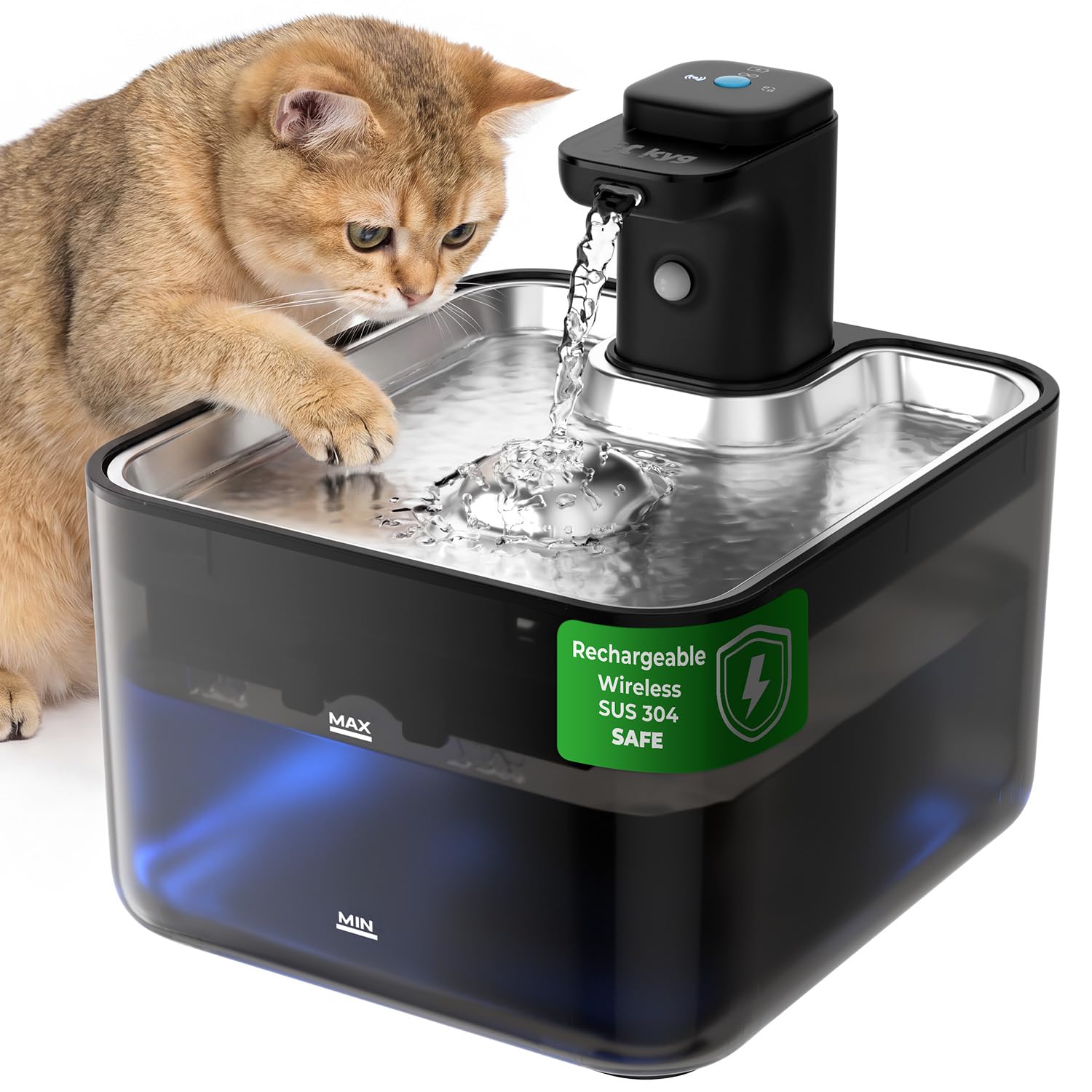 KYG Fuente de Agua para Gatos Inalámbrica 3L, Bebedero Automático con Sensor de Movimiento, Bandeja de Acero Inoxidable 304, Bomba Silenciosa, Batería 4000mAh (Módulo de Alimentación Extraíble), Negro
