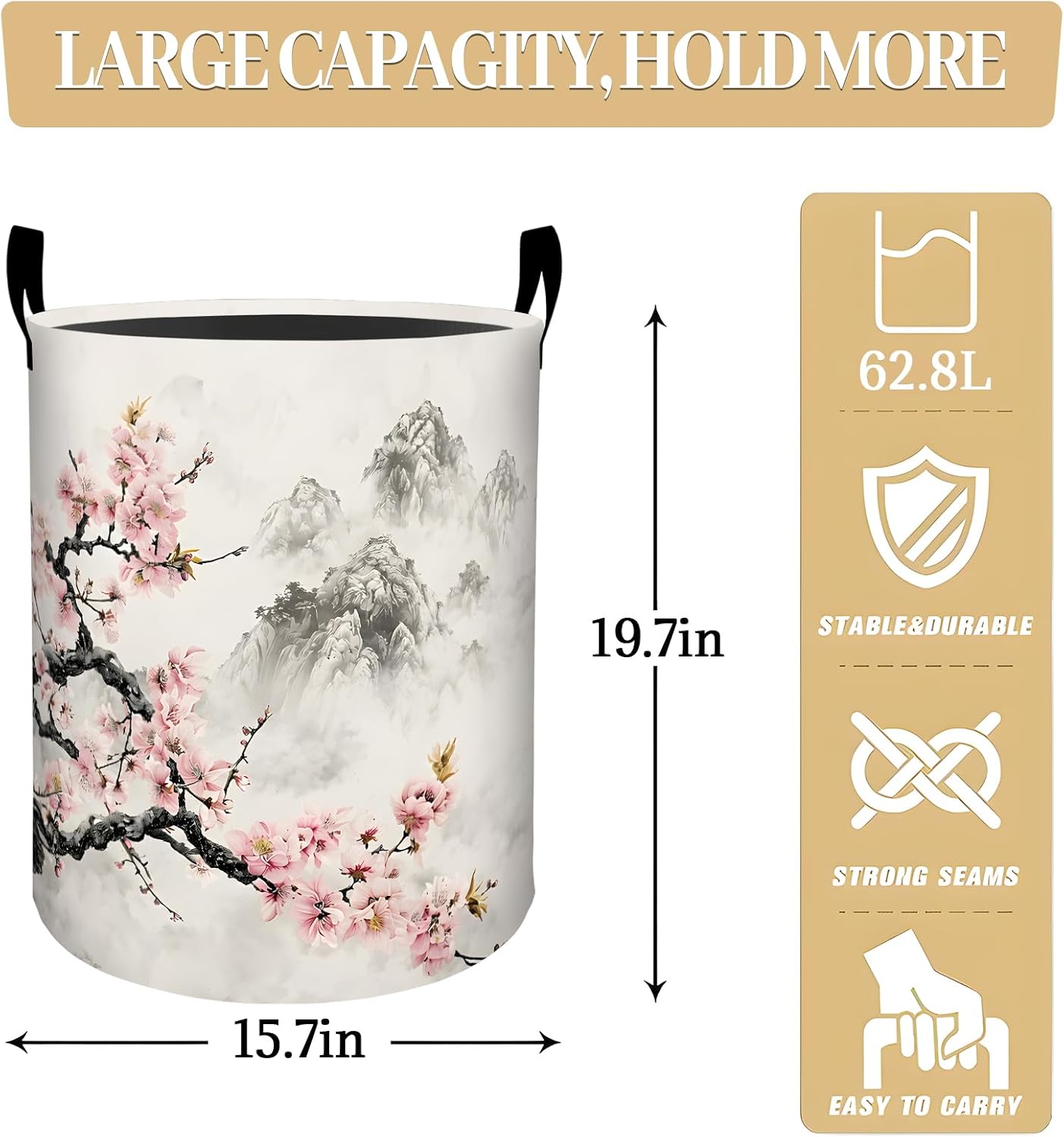 Cherry Blossom Mountain Laundry Basket, Dorm Foldable Asian Ink Laundry Hamper Organizer for Bathroom Decor Bedroom, Clothes Floral Storage Box Gifts for Women Girls 19.7x15.7 Inch