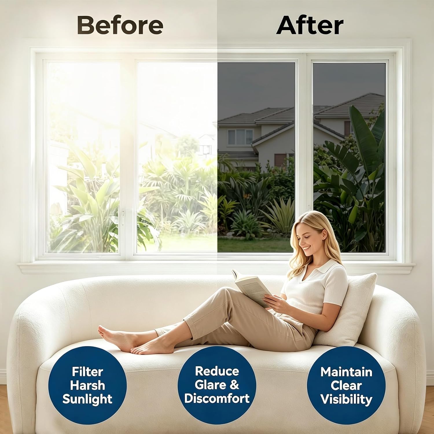 Coavas Window Privacy Film Daytime See Out Not in, 99% UV Blocking Heat Control Window Tint for Home with Tools, Adhesive Shatterproof One Way Reflective Mirror Film, Black, 17.5 x 78.7 Inch