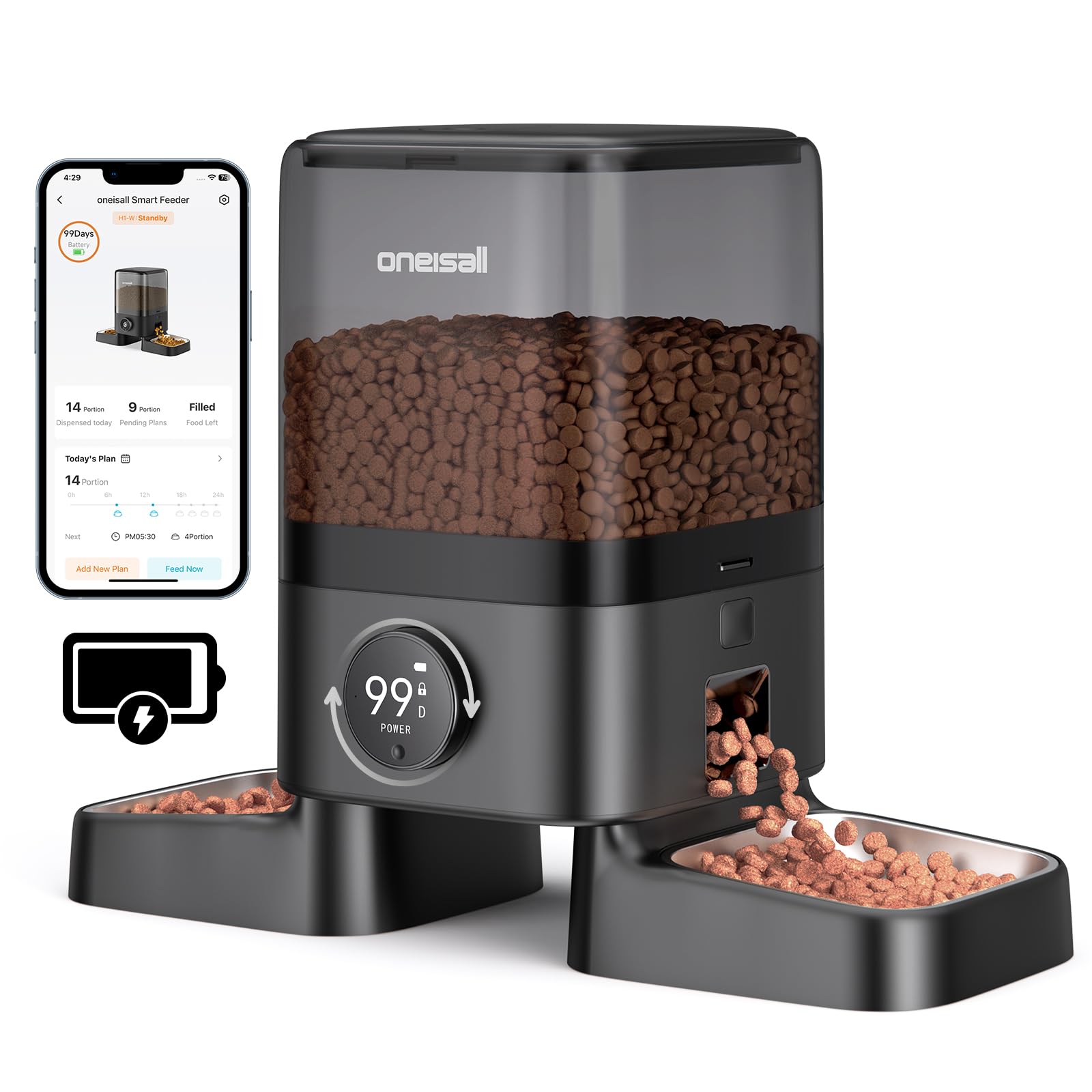 oneisall Wireless WiFi Automatic Cat Feeders 2 Cat, Rechargeable 100-Day Battery Operated Timed Cats Feeder, 20 Cups/5L Cats Food Dispenser Automatic for Large Kibble, Smart App Control.