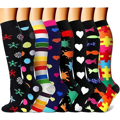 CHARMKING Compression Socks for Women & Men Circulation (8 Pairs)15-20 mmHg is Best Support for Athletic Running,Cycling - 11 Black/Black/Multi/Navy/Black/Black/Black/Red - Large-X-Large