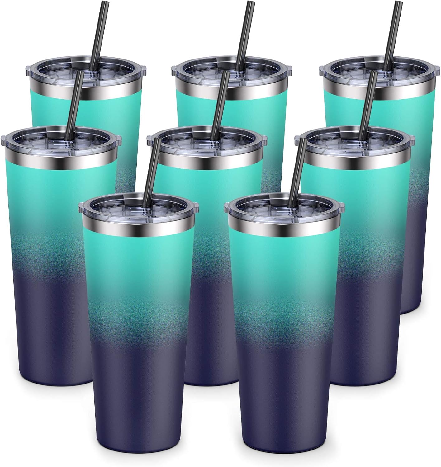 22oz Tumbler with Splash Proof Sliding Lid, Bastwe Stainless Steel Vacuum Insulated Travel Mug Tumbler with Straw, Double Wall Coffee Mug, Thermal Cup for Hiking, Camping & Traveling (Ocean, 8 Pack)