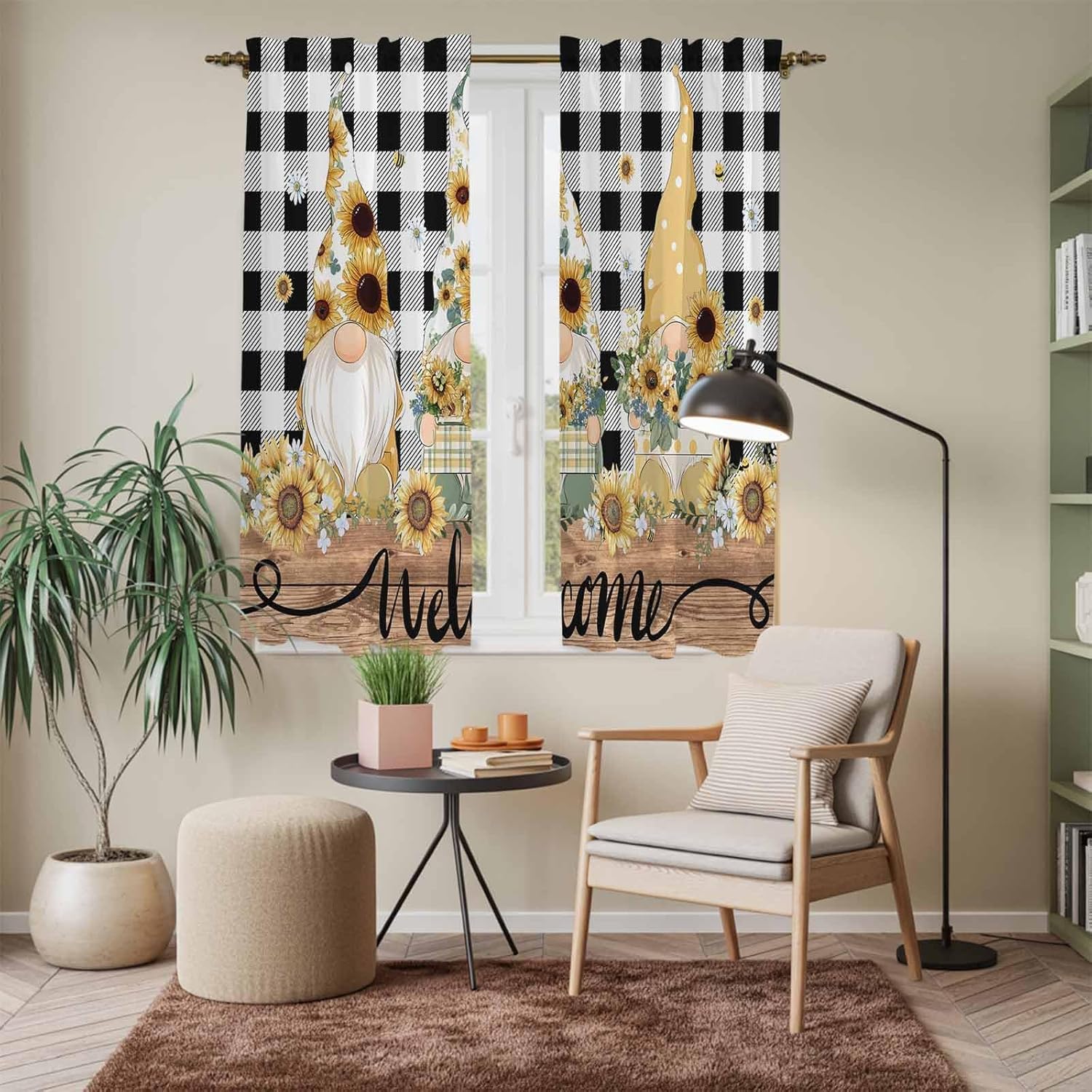 Gnomes Sunflowers Kitchen Curtains, Pastoral Botanical Black White Plaid Wooden Light Filtering Window Curtain, 2Pcs Rod Pocket Window Treatments Set for Living Room Bathroom Bedroom 42x63 Inches