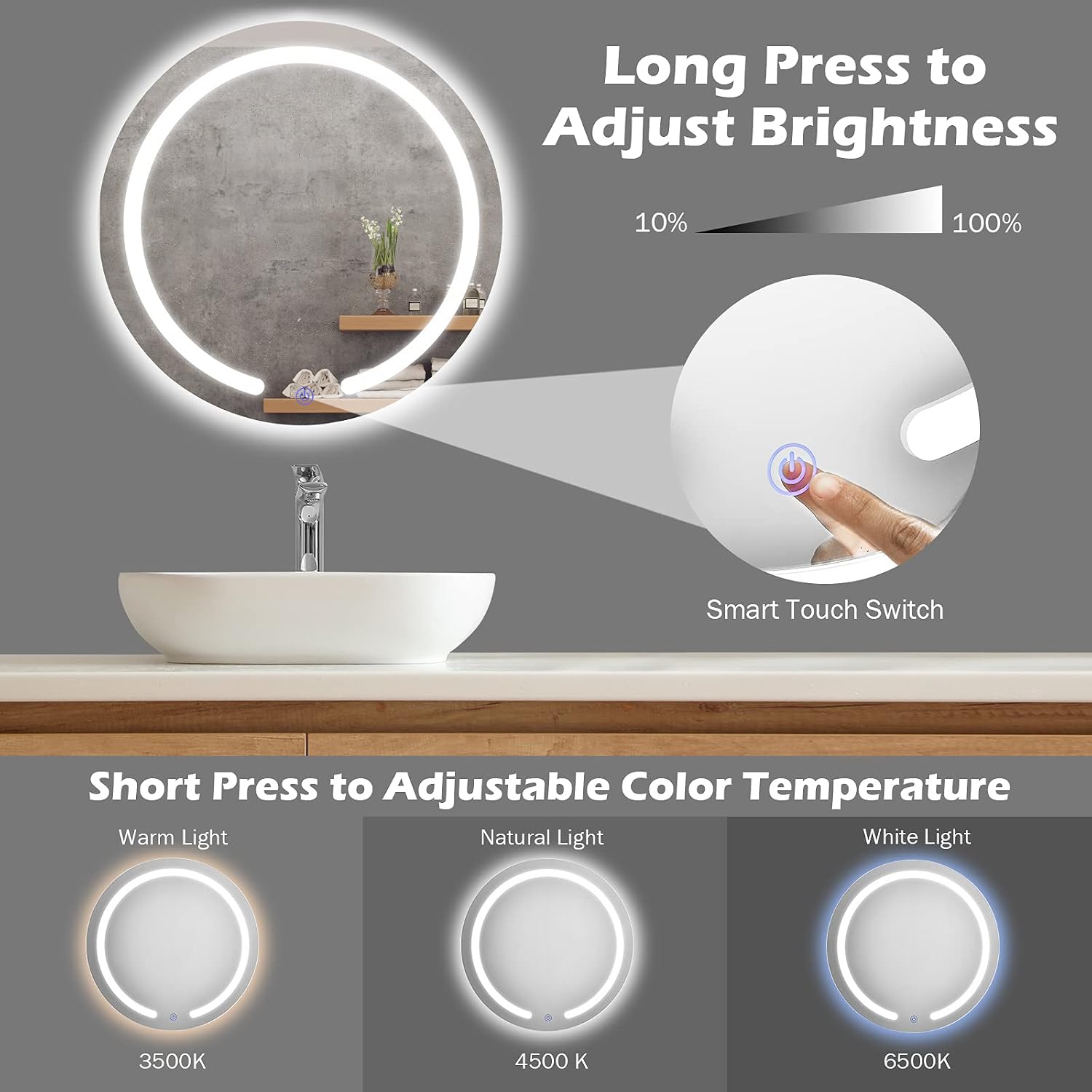 Tangkula 20 Inch Round LED Mirror, Wall Mount Bathroom Vanity Mirror w/ LED Lights, 3 Color Temperature, Illuminated Make Up Mirror w/ Touch Button, Dimmable Lighted Mirror for Bathroom Bedroom