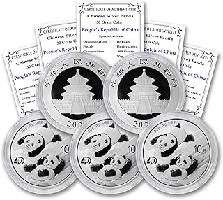 2016 - Present (Random Year) Lot of (5) 30 Gram Chinese Silver Panda Coins Brilliant Uncirculated (in Capsule) with Certificates of Authenticity 10 Yuan ¥10 BU