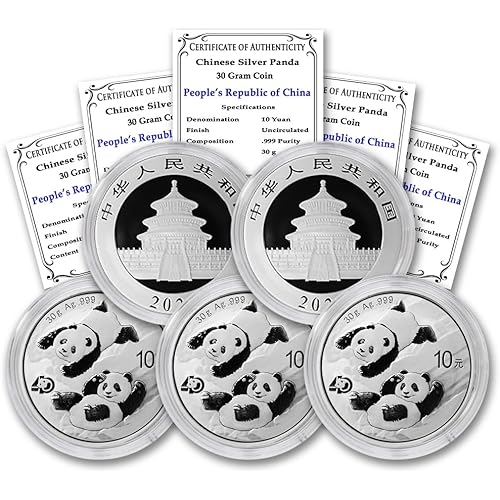 2016 - Present (Random Year) Lot of (5) 30 Gram Chinese Silver Panda Coins Brilliant Uncirculated (in Capsule) with Certificates of Authenticity 10 Yuan ¥10 BU