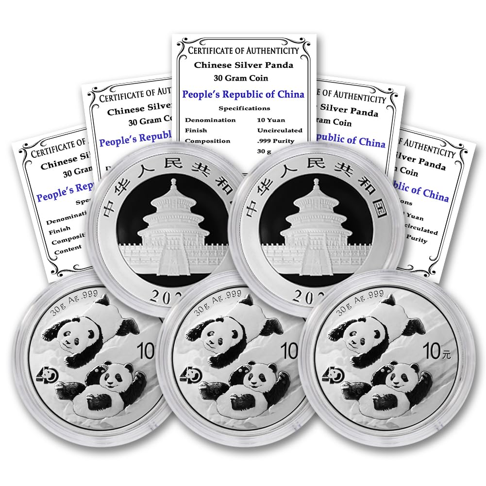 2016 - Present (Random Year) Lot of (5) 30 Gram Chinese Silver Panda Coins Brilliant Uncirculated (in Capsule) with Certificates of Authenticity 10 Yuan ¥10 BU