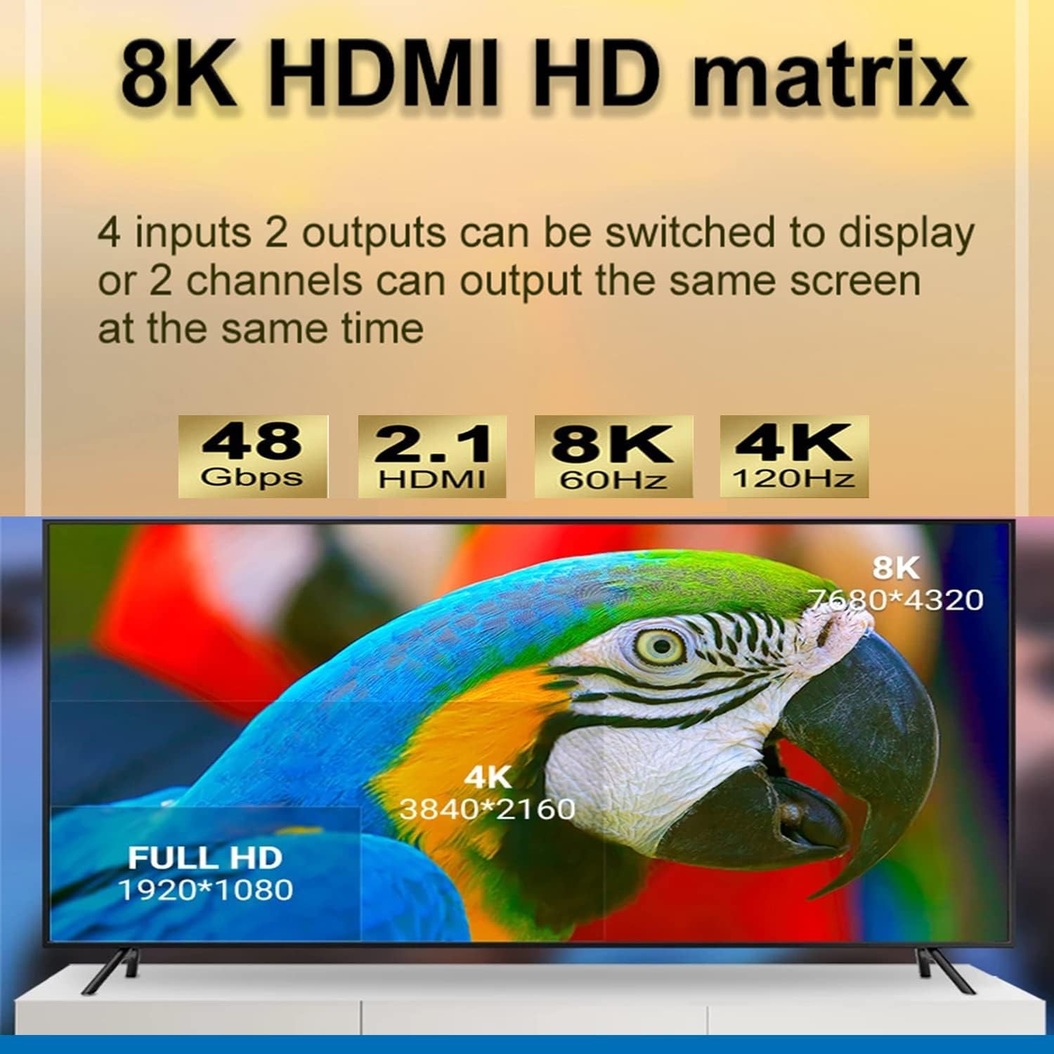 8K 4x2 HDMI Matrix Switch,4 in 2 Out Matrix HDMI2.1 Video Switcher Splitter +Optical & RAC Audio Output,Support 8K 60Hz 4K@120Hz HDR10 ARC with IR Remote Control for PS5 Xbox