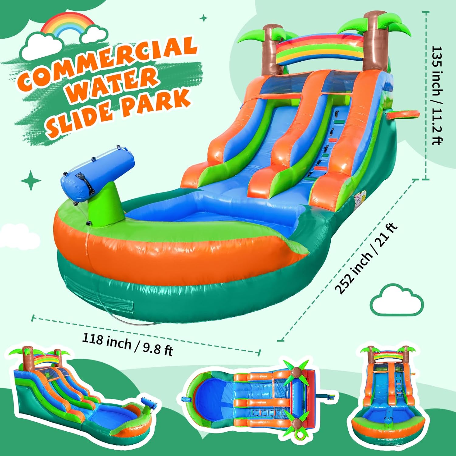 FBSPORT 21FT Commercial Inflatable Water Silde for Kids Adults, 100% PVC Heavy Duty Bounce House Water Park Slides with Large Water Pool, Waterslide with 750W Blower for Backyard Party, Green