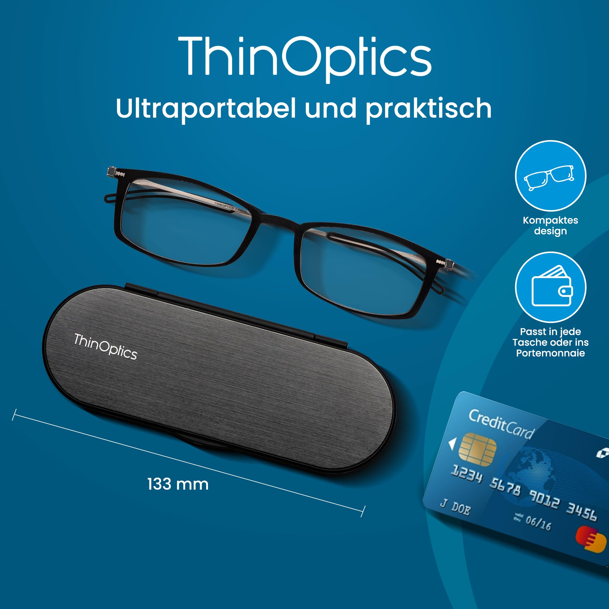 ThinOptics Computerlesebrille 1,5, Schildpatt, für Damen und Herren, leicht | Brille mit Blaulichtfilter für Bildschirm, Monitor und Gaming, ultraleicht und rechteckig, kratzfeste Gläser, immer dabei