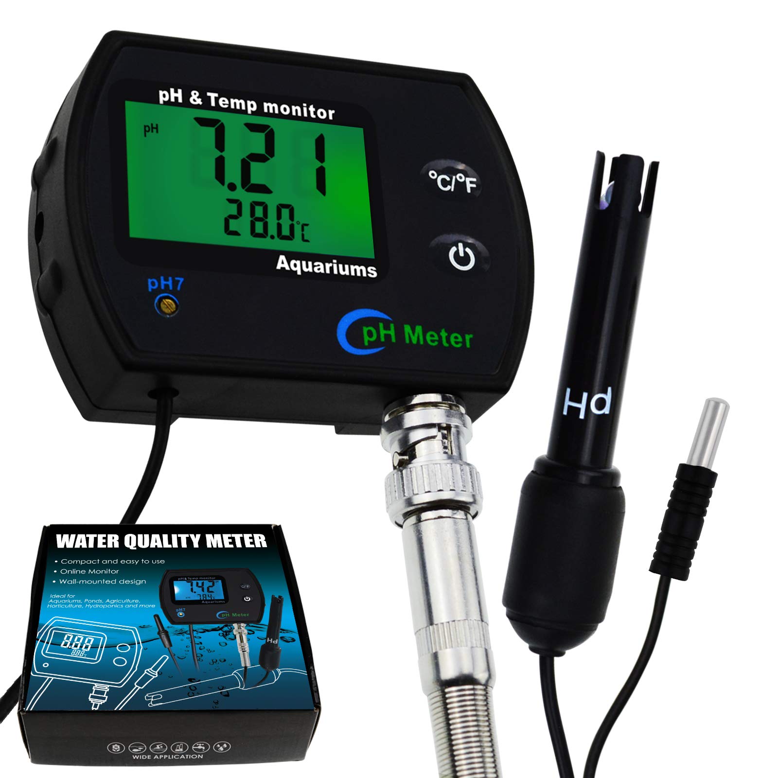 2 en 1 Combo pH & Température Mètre Eau Qualité Testeur Remplaçable BNC pH Électrode pour Aquariums Hydroponique Réservoirs Aquaculture Laboratoire