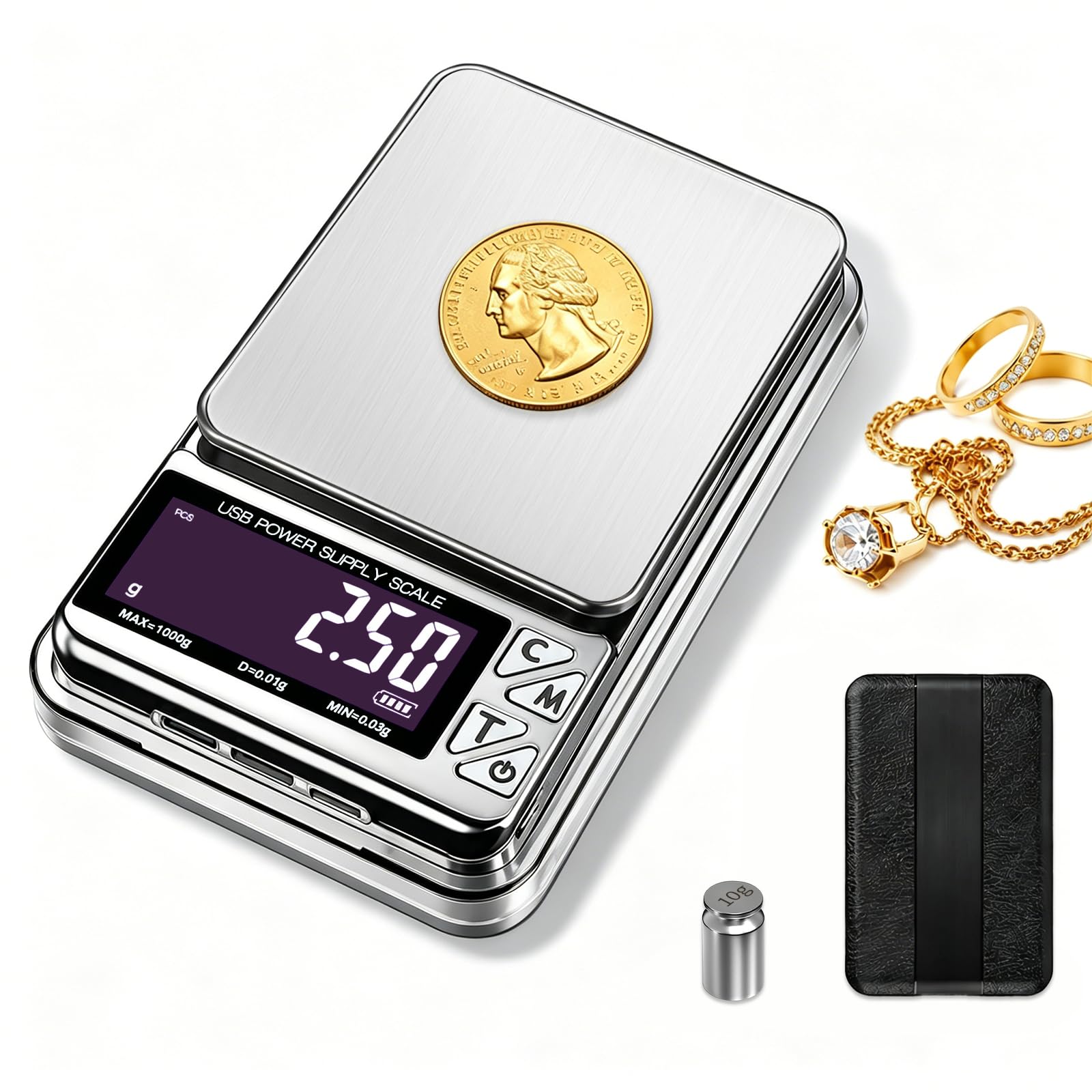 Báscula de monedas, báscula de joyería de 1000 g x 0,01 g con 7 unidades y 3 interfaces de carga, báscula digital portátil de bolsillo para coleccionistas de monedas, joyeros, oro, dólar plateado