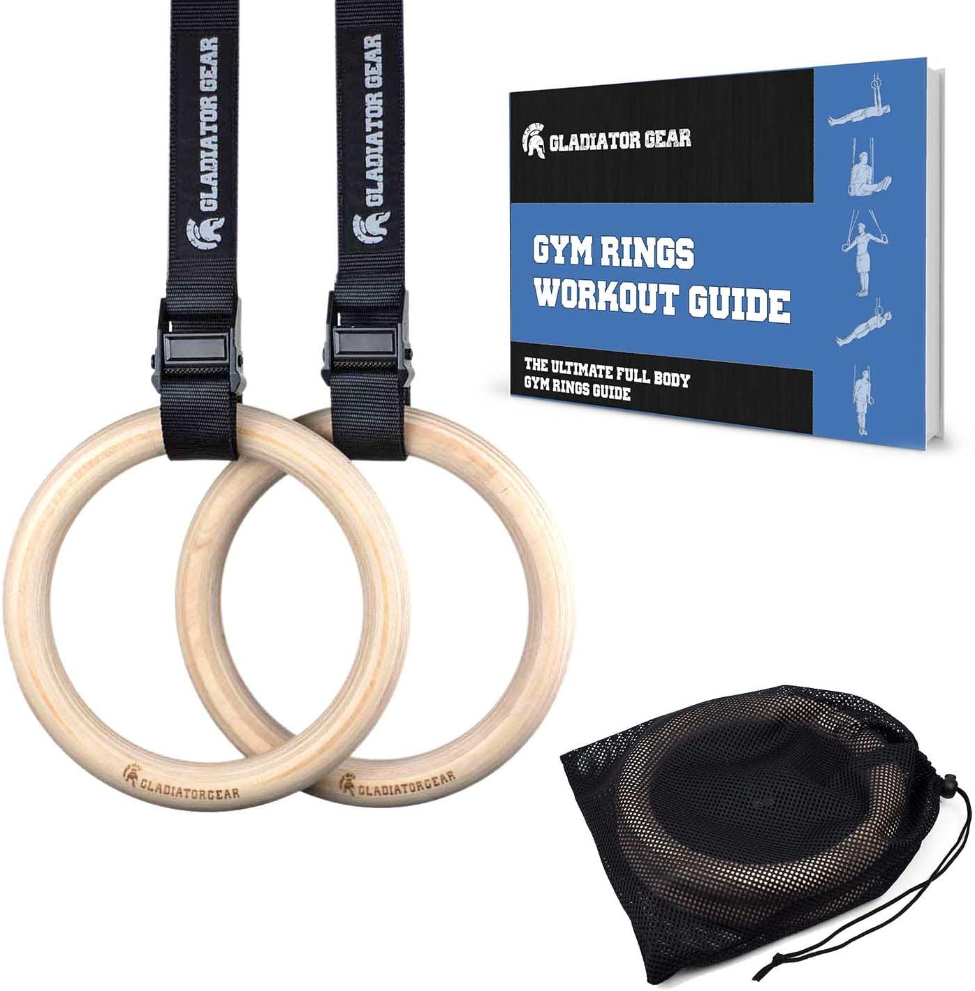 Gladiator Gear Wooden Gymnastic Rings with BONUS Workout E-Guide | Premium Olympic 'FIG' Size Gym Rings (28mm) | Fully Adjustable Strong Straps | Holds 250KG | For Gymnastics