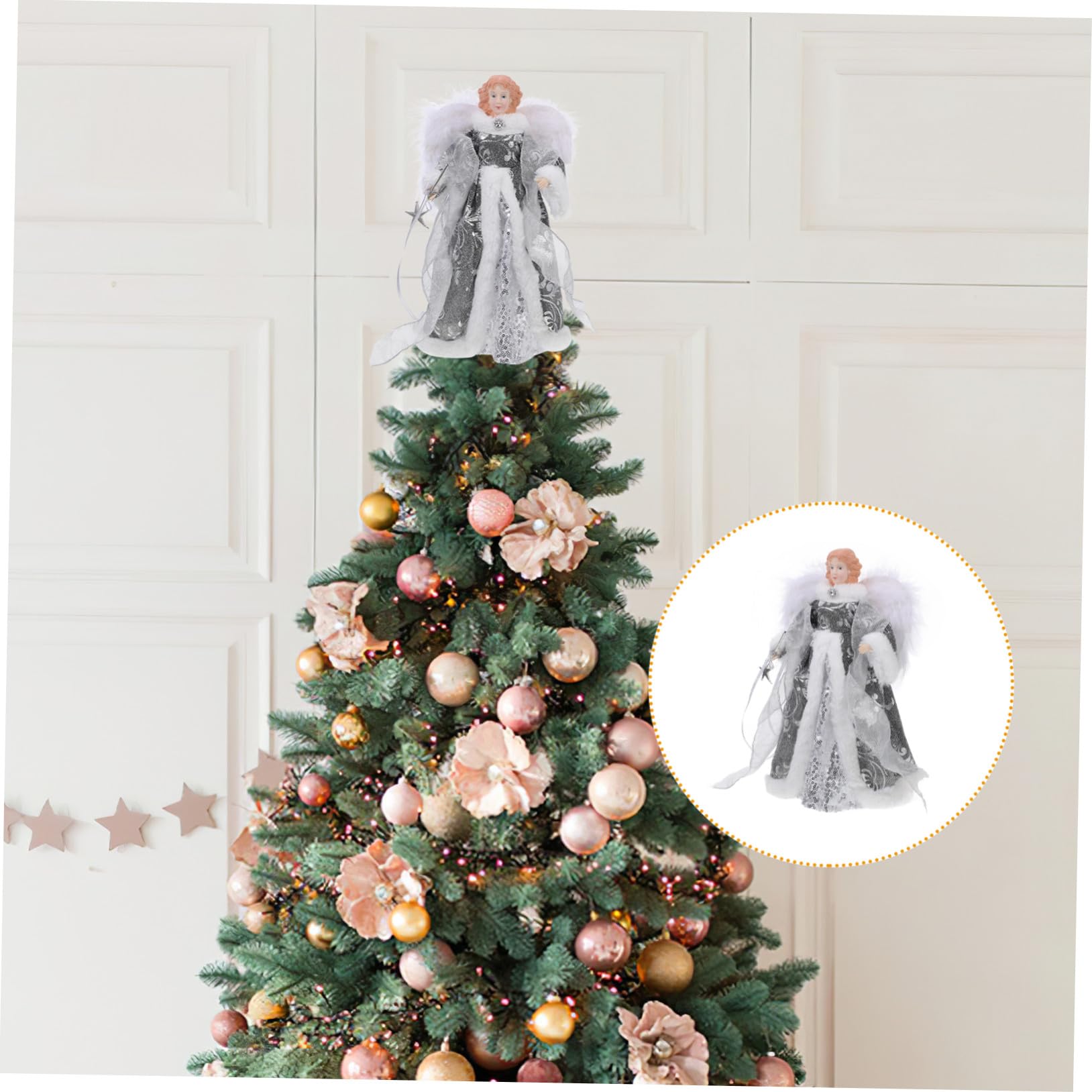 Ángel Decorativo Pequeño para Árbol de Navidad Figura con Alas de Peluche Adorno Navideño para Interiores Topper para Árbol Detalle Festivo para Fiestas de Navidad