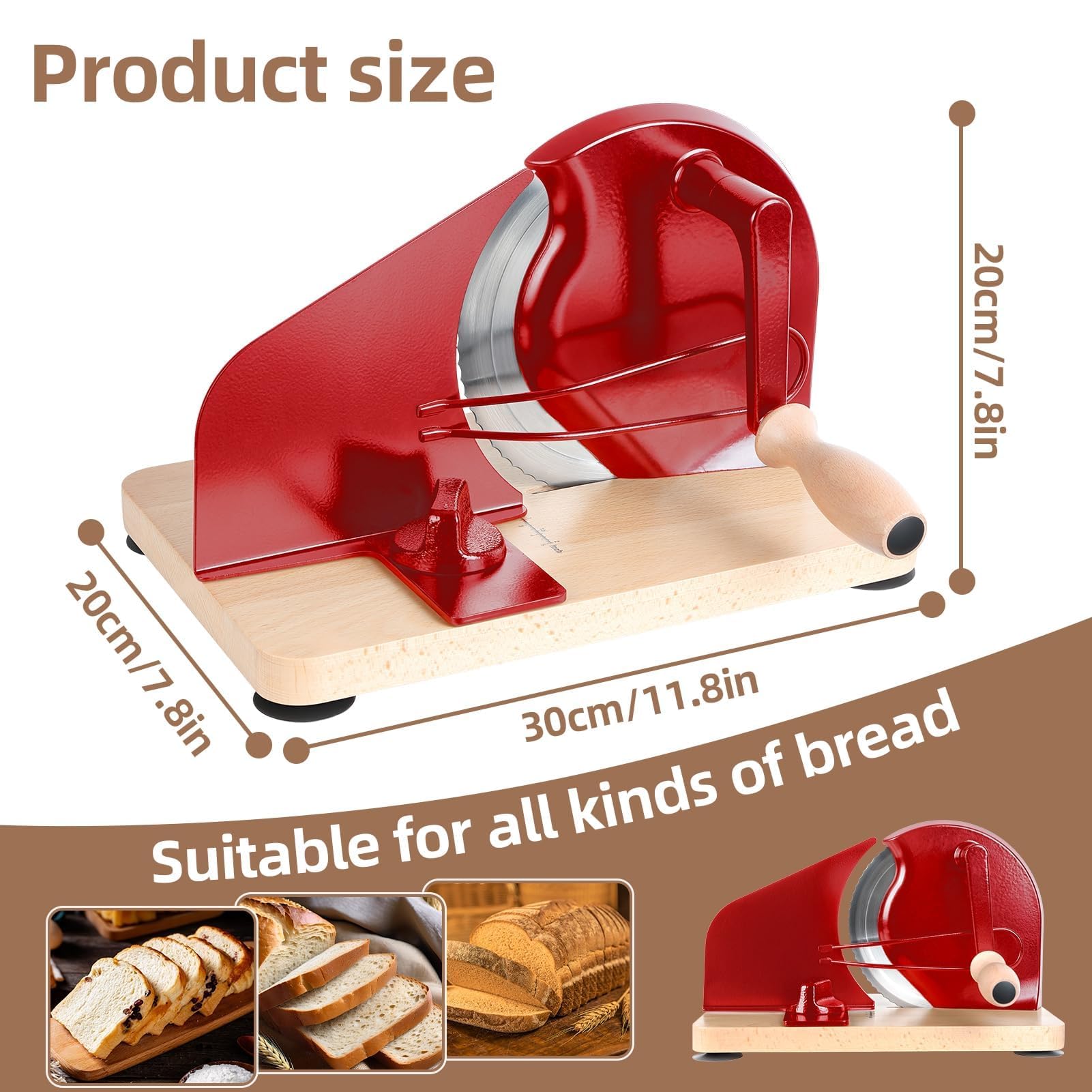 Cortadora de pan manual con manivela, cortador de pan de ancho ajustable para masa madre casera, panes sándwich y tostadas, herramienta de cocina para rebanadas uniformes Red